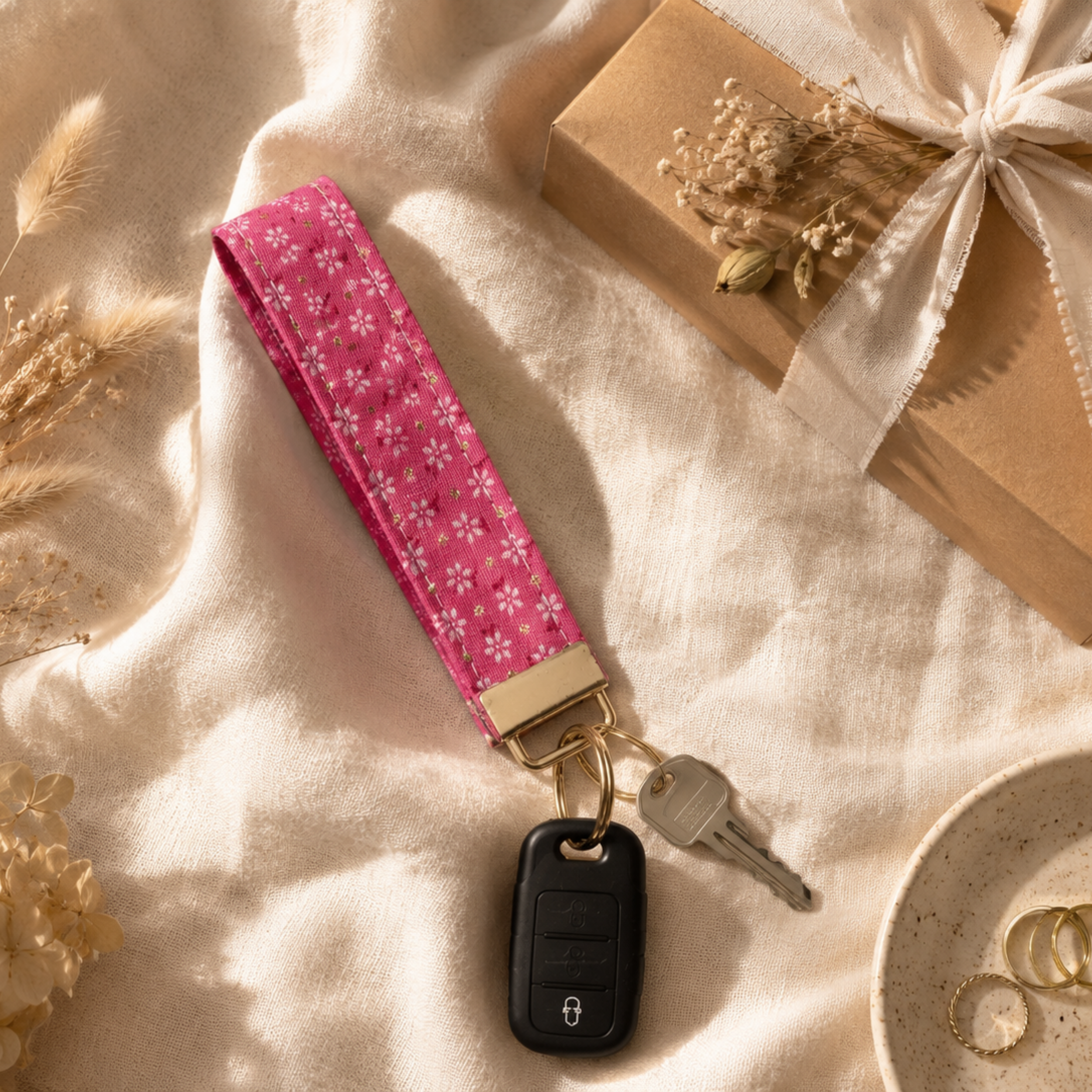 Pink Gold Flake Wristlet Keychain
