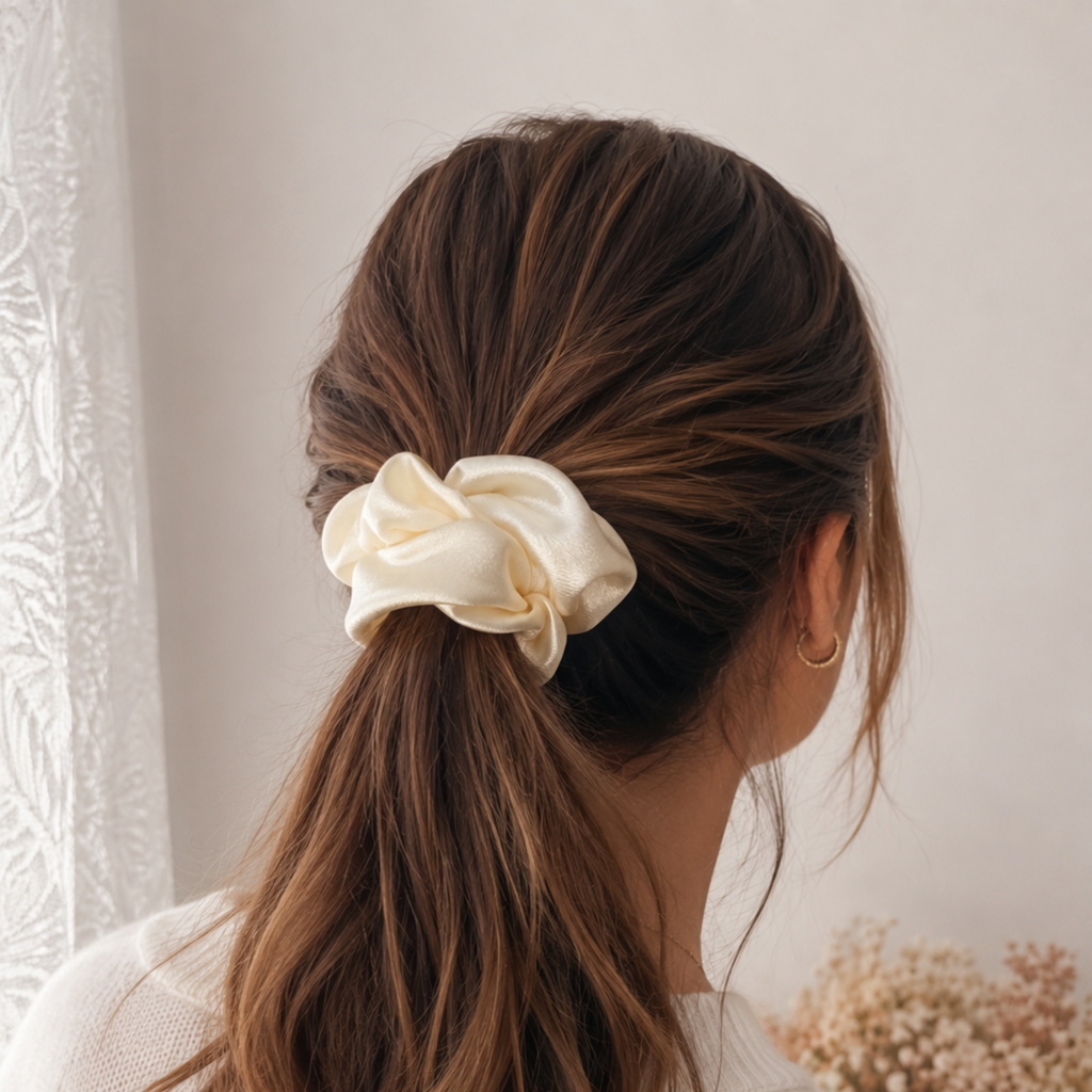 Buttercream Bloom Scrunchie – Handmade Satin Hair Scrunchie