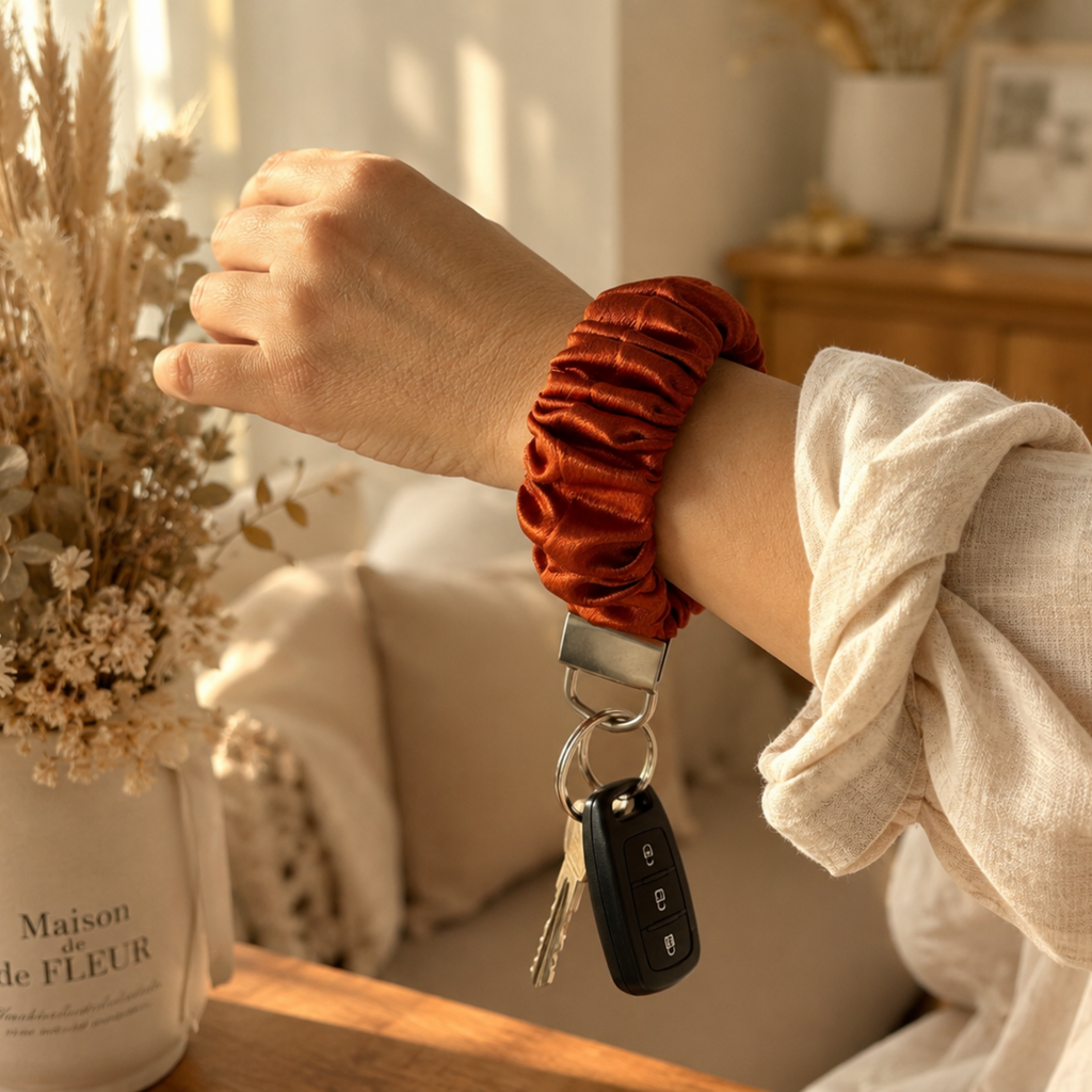 Autumn Ember Scrunchie Wristlet Keychain | Satin Keychain Bracelet | Handmade Key Fob Wristlet | Fall Gift for Her | Cute Car Key Holder