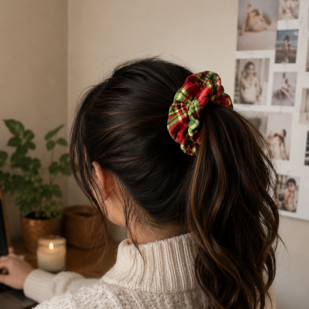 Christmas Tartan Scrunchie – Handmade Red & Green Plaid Hair Accessory