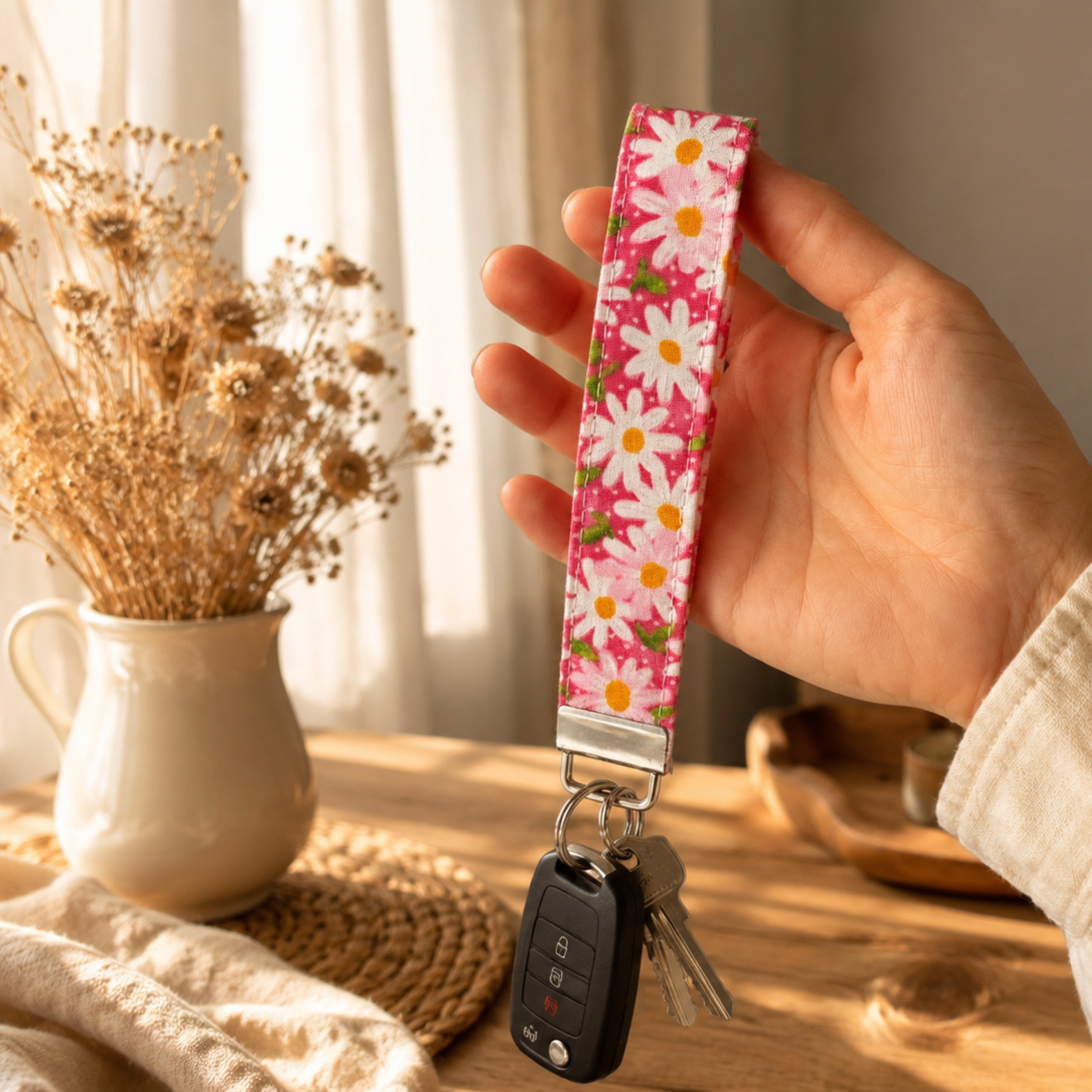 Daisy Pop – Handmade Fabric Wristlet Keychain