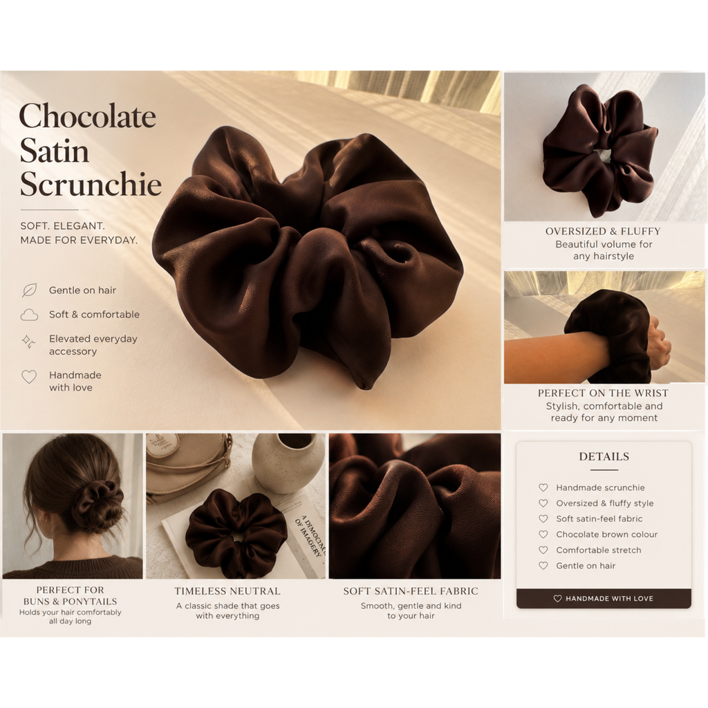 Truffle Twist Scrunchie – Handmade Chocolate Brown Satin Hair Scrunchie | Oversized Soft Scrunchie | Elegant Hair Tie | Gift for Her