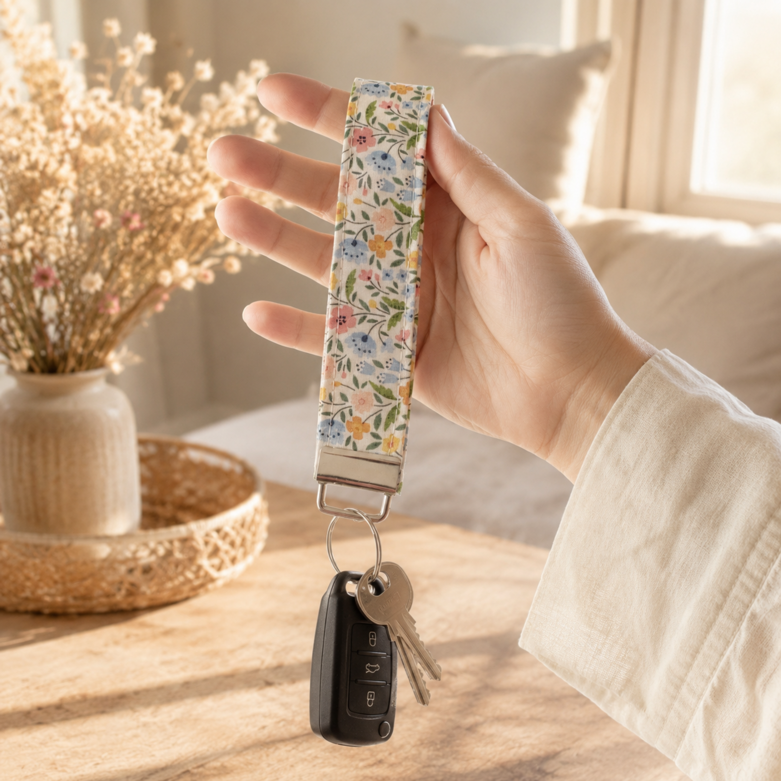 Meadow Bright Floral Wristlet Keychain | Handmade Fabric Key Fob | Wrist Key Holder | Cute Gift for Women | Teacher Gift | Floral Keychain