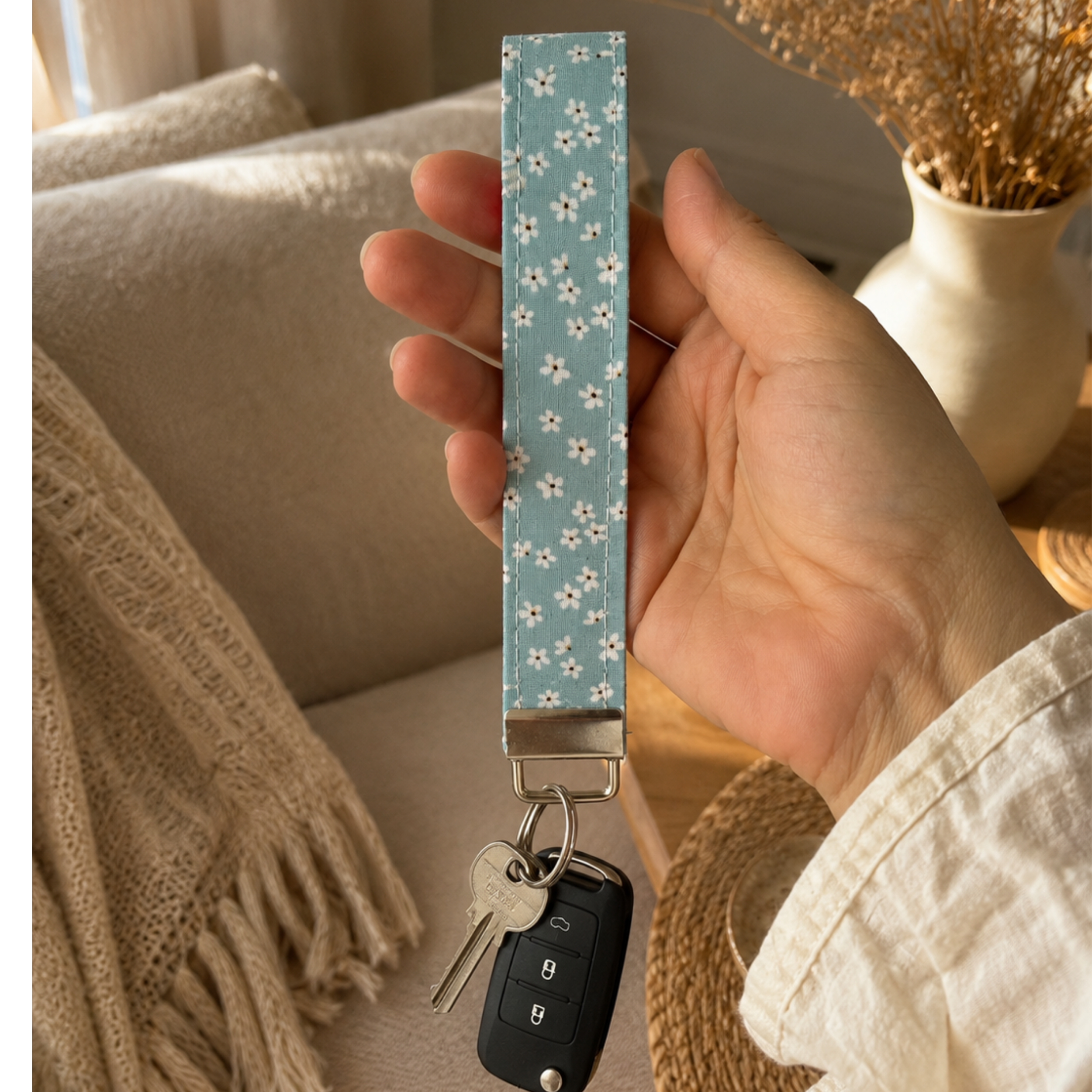 Daisy Daydream Wristlet Keychain | Handmade Floral Fabric Key Fob | Cute Wrist Lanyard | Blue Floral Keychain | Gift for Her
