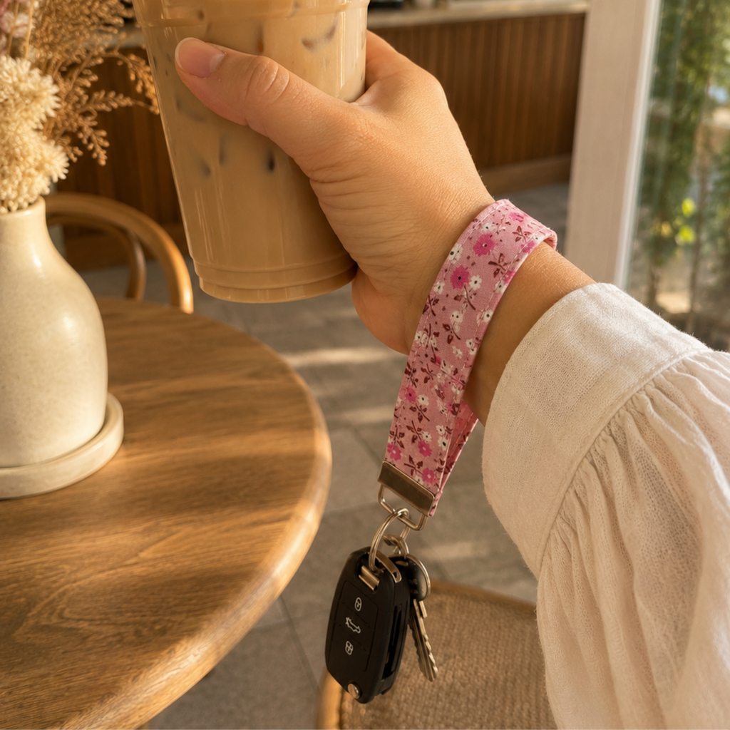 Cottage Posies Wristlet Keychain | Handmade Floral Key Fob | Fabric Wristlet Key Holder | Pink Keychain | Gift for Her | Cute Wrist Strap