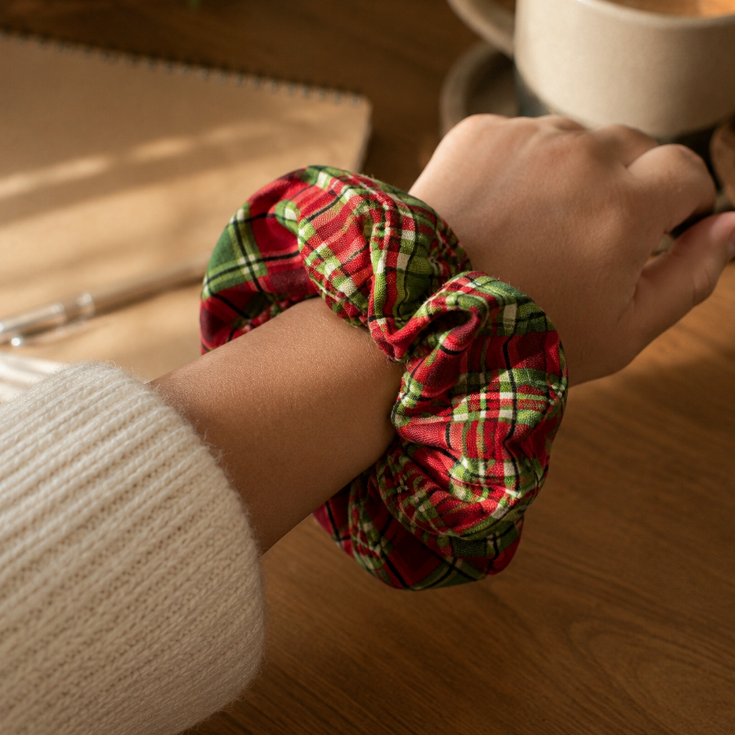 Christmas Tartan Scrunchie – Handmade Red & Green Plaid Hair Accessory