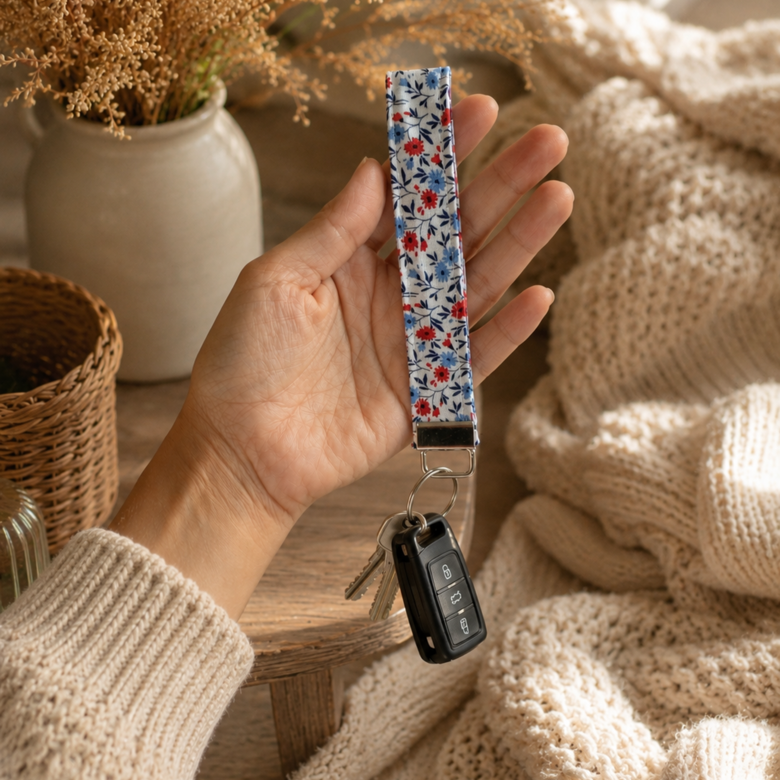 Wristlet_Pocketful_of_Posies – Handmade Floral Fabric Wristlet Keychain