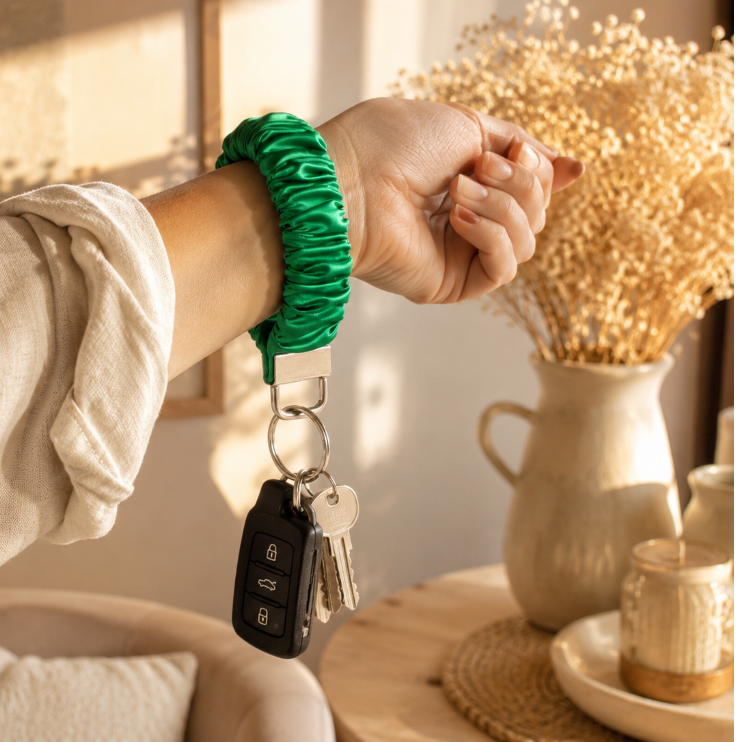 Jade Lux Scrunchie Wristlet Keychain | Emerald Green Satin Keychain Bracelet | Hands-Free Key Holder | Cute Wristlet Lanyard | Gift for Her