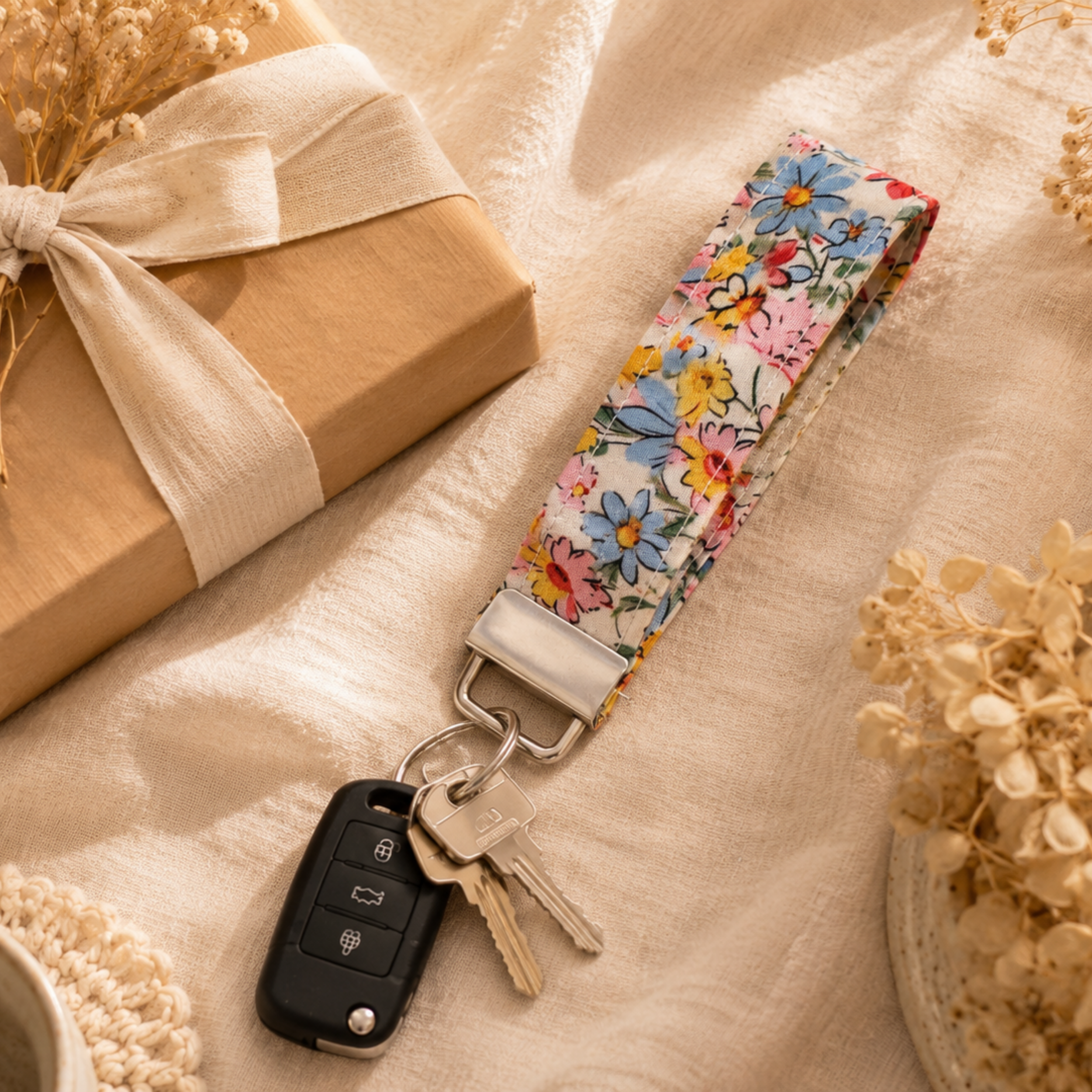 Sunshine Bloom Wristlet Keychain | Handmade Floral Fabric Key Fob | Cute Wrist Strap | Gift for Her | Teacher Gift | Everyday Key Holder