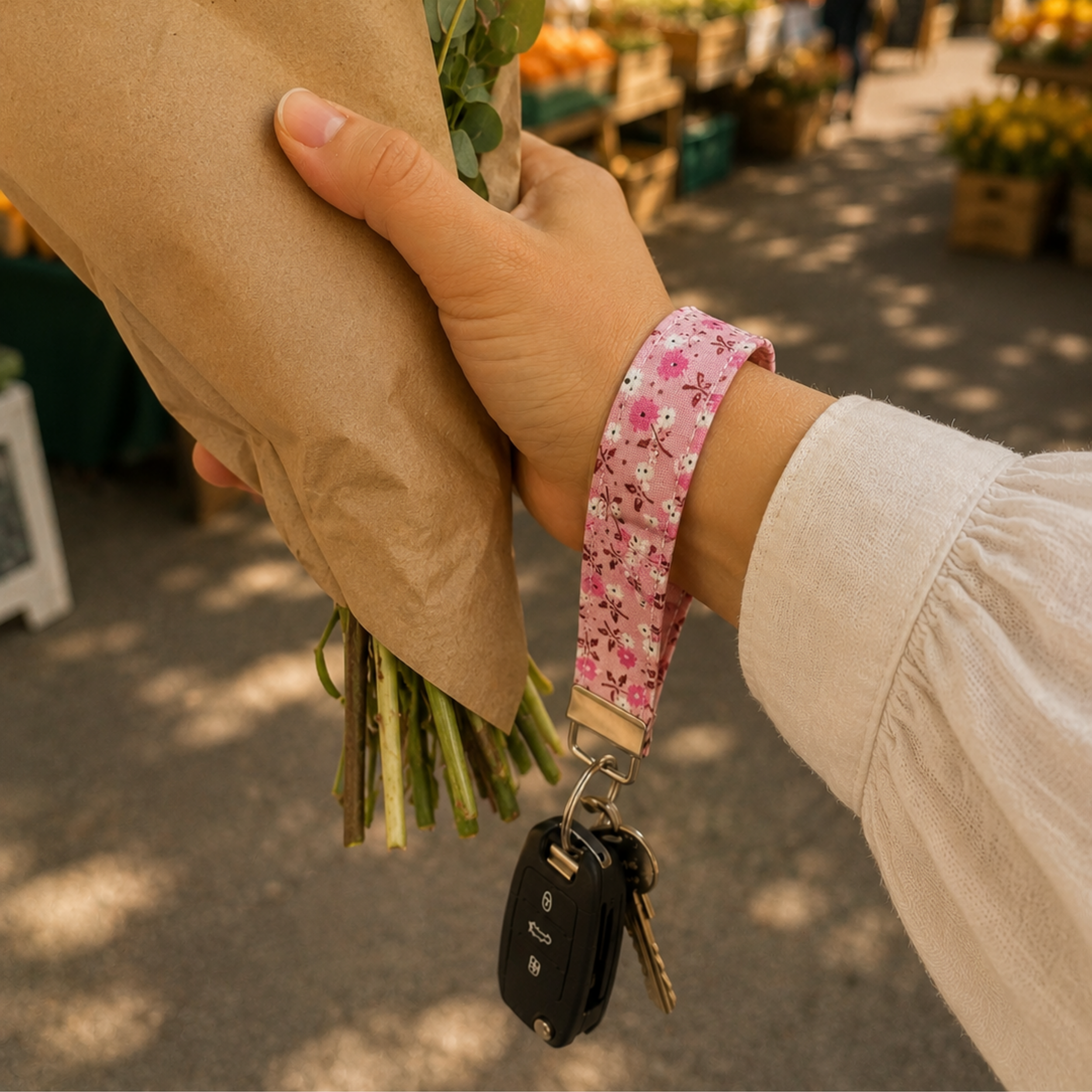 Cottage Posies Wristlet Keychain | Handmade Floral Key Fob | Fabric Wristlet Key Holder | Pink Keychain | Gift for Her | Cute Wrist Strap