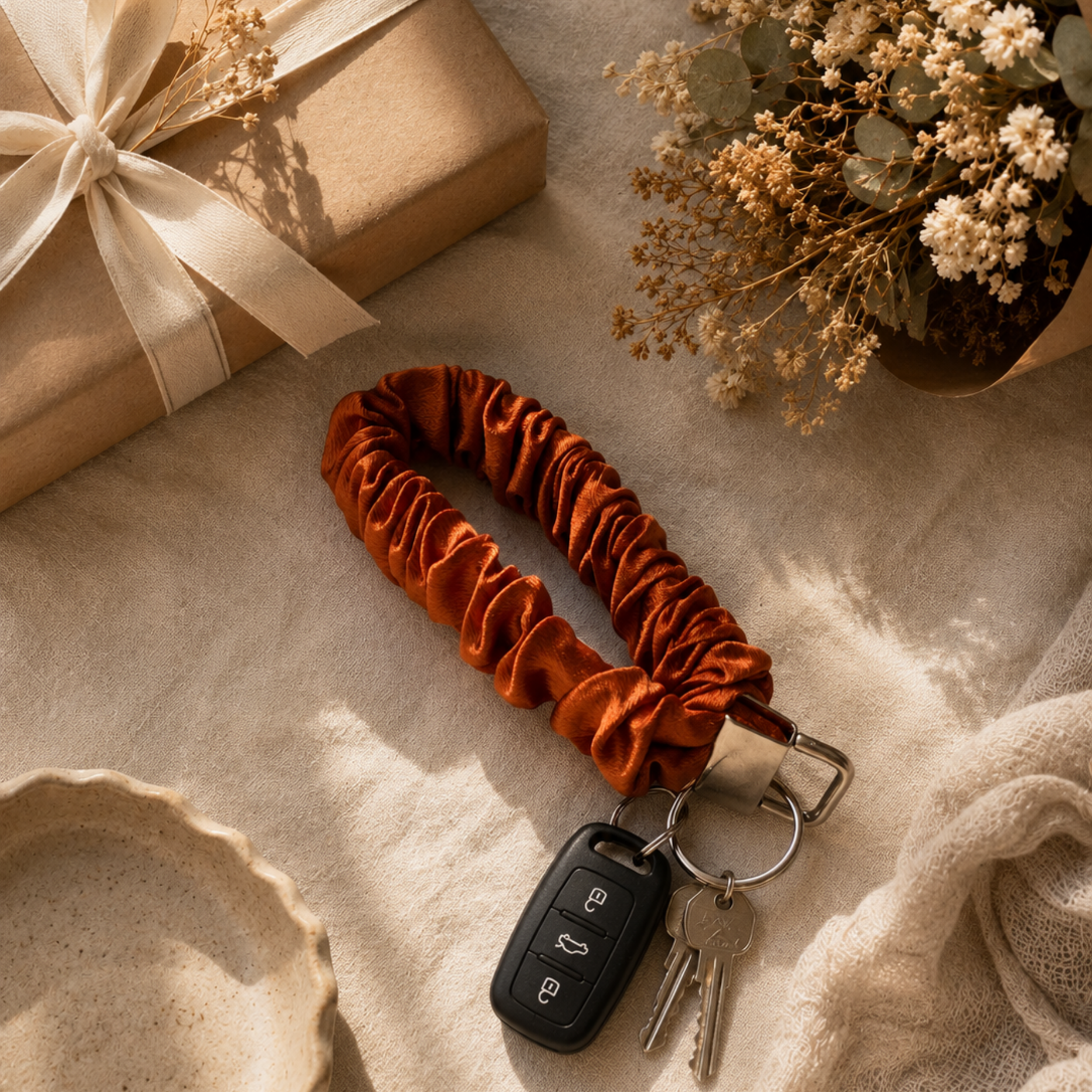 Autumn Ember Scrunchie Wristlet Keychain | Satin Keychain Bracelet | Handmade Key Fob Wristlet | Fall Gift for Her | Cute Car Key Holder