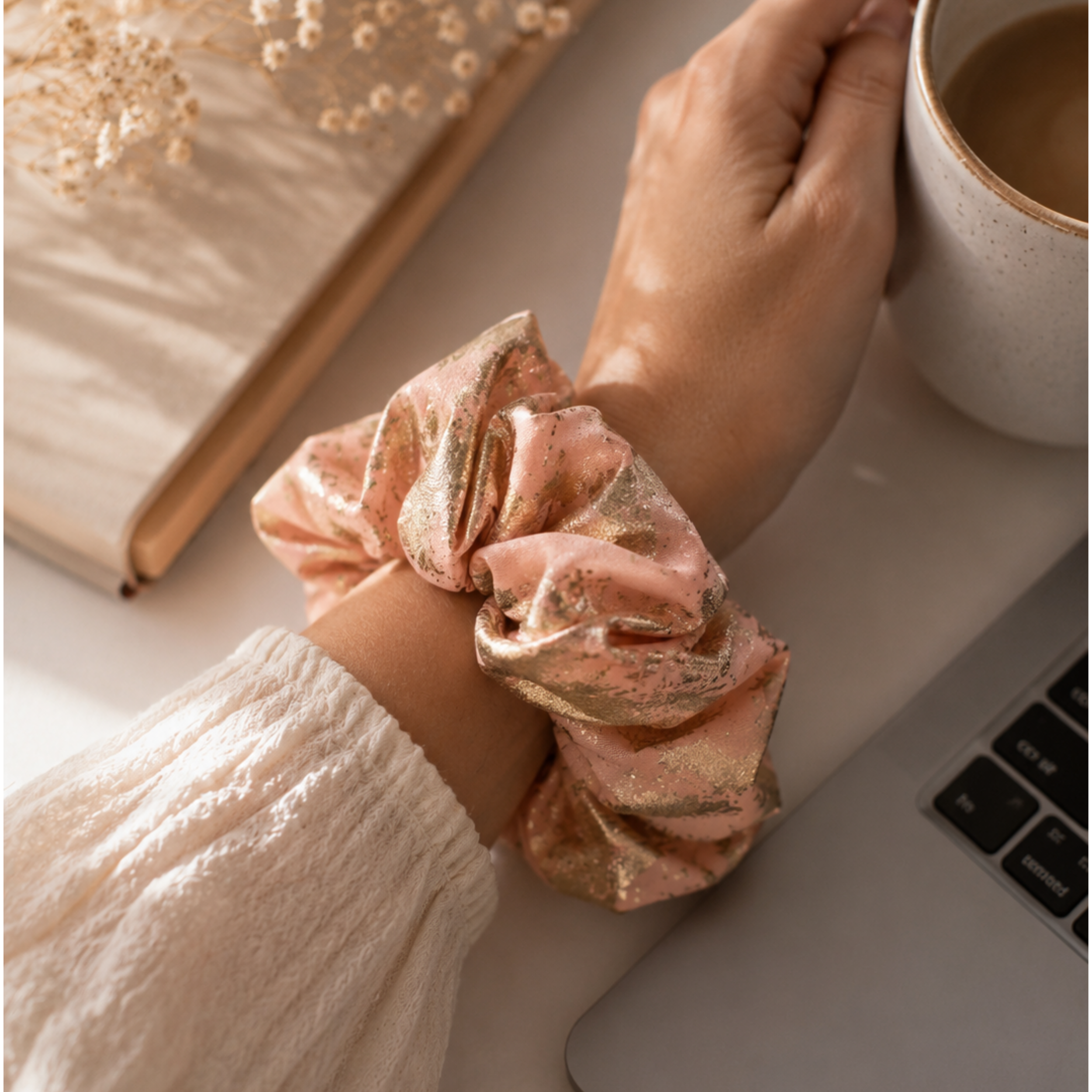 Gilded Blush Luxe Scrunchie – Handmade Oversized Satin Hair Scrunchie | Pink & Gold Hair Tie | Elegant Hair Accessory | Gift for Her