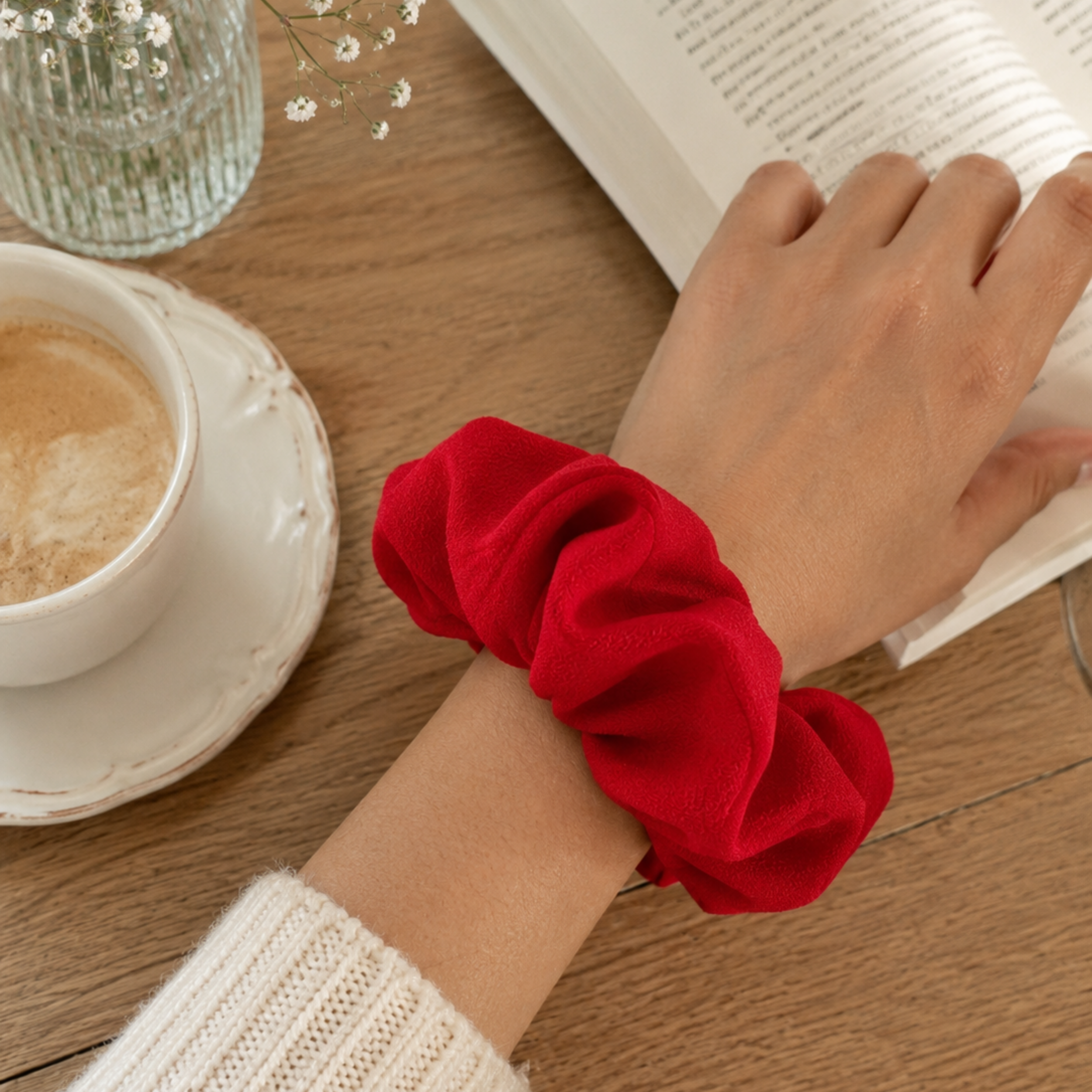 Crimson Flame Scrunchie – Handmade Red Hair Scrunchie | Soft Oversized Hair Tie | Elegant Ponytail Holder | Gift for Her | Everyday Hair Accessory