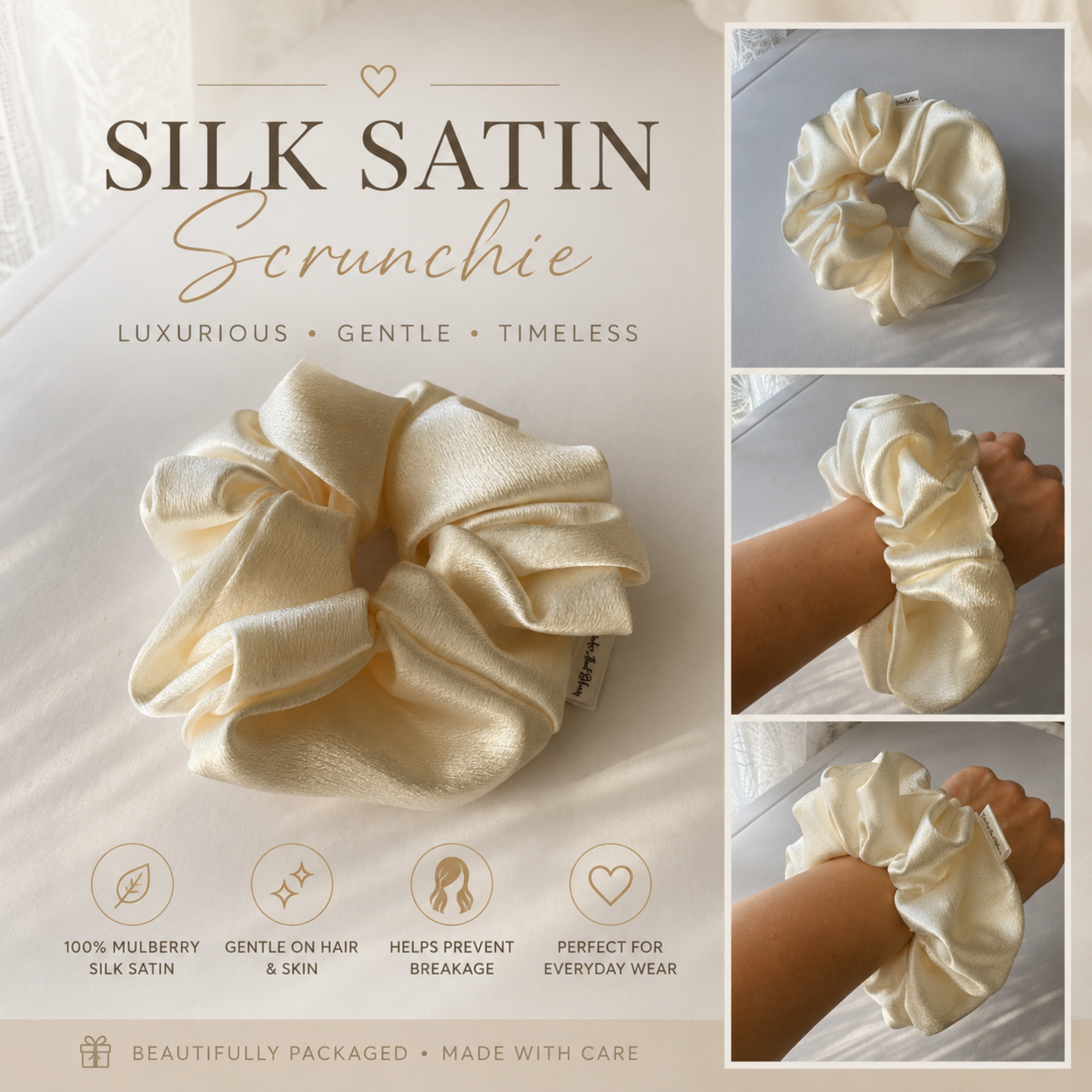 Buttercream Bloom Scrunchie – Handmade Satin Hair Scrunchie
