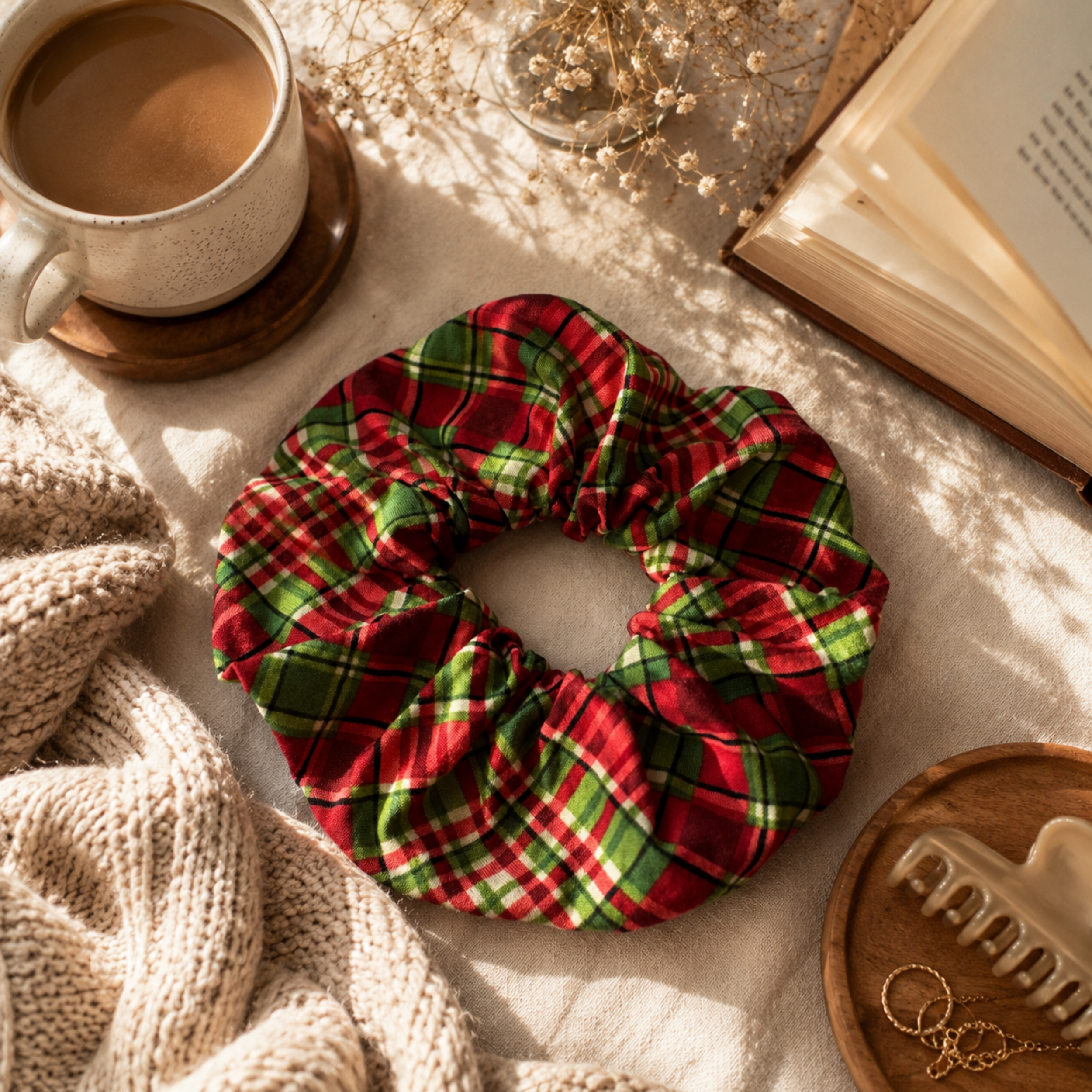 Christmas Tartan Scrunchie – Handmade Red & Green Plaid Hair Accessory