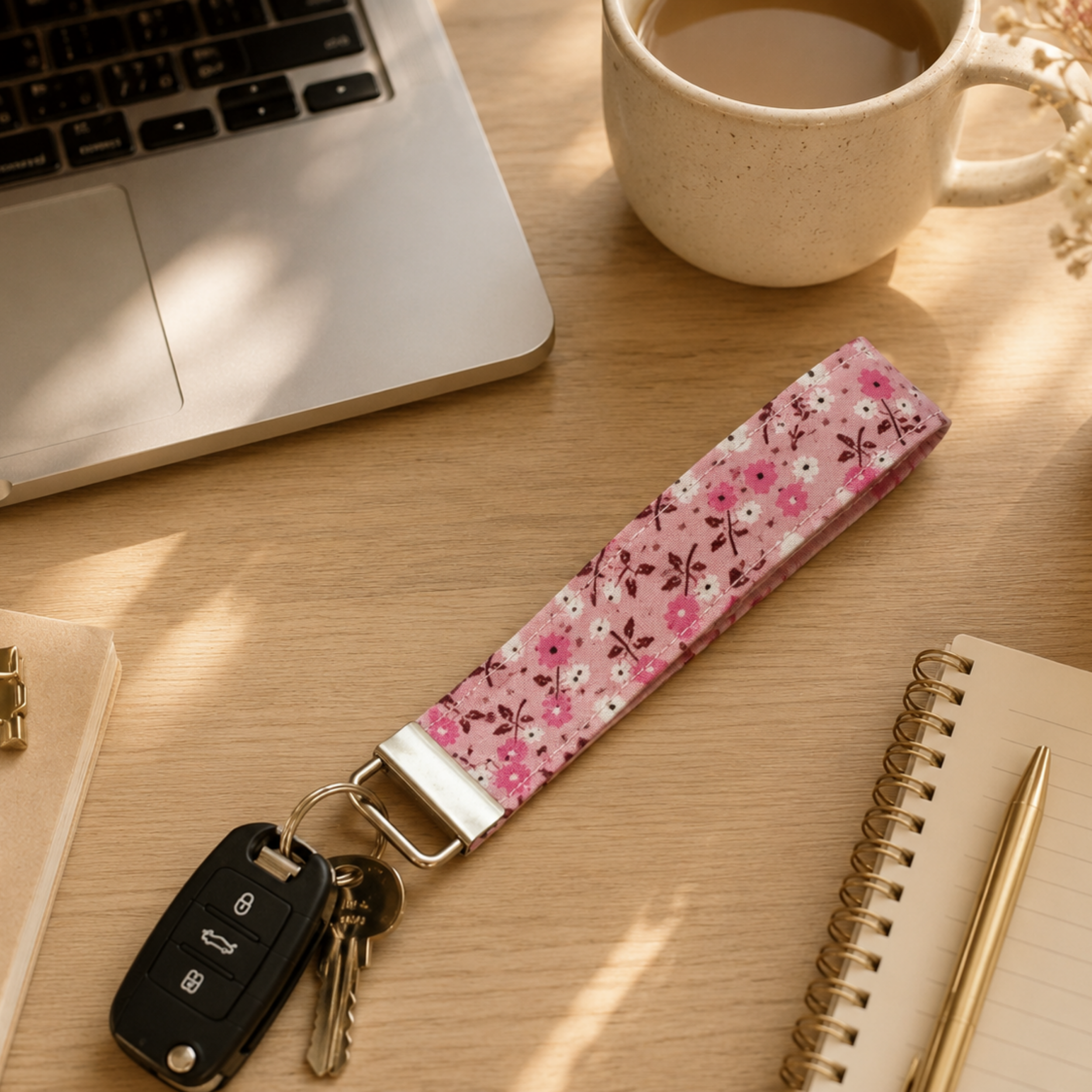 Cottage Posies Wristlet Keychain | Handmade Floral Key Fob | Fabric Wristlet Key Holder | Pink Keychain | Gift for Her | Cute Wrist Strap