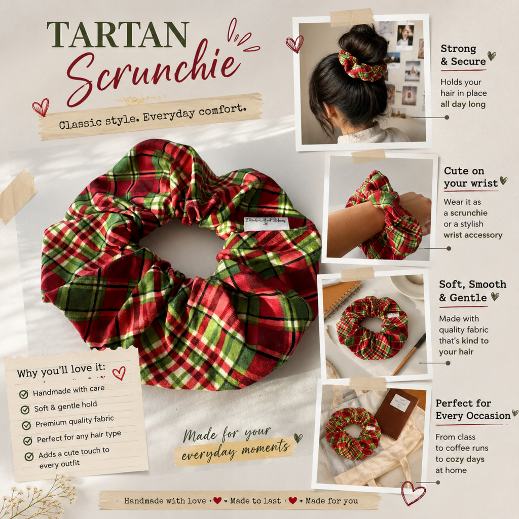 Christmas Tartan Scrunchie – Handmade Red & Green Plaid Hair Accessory