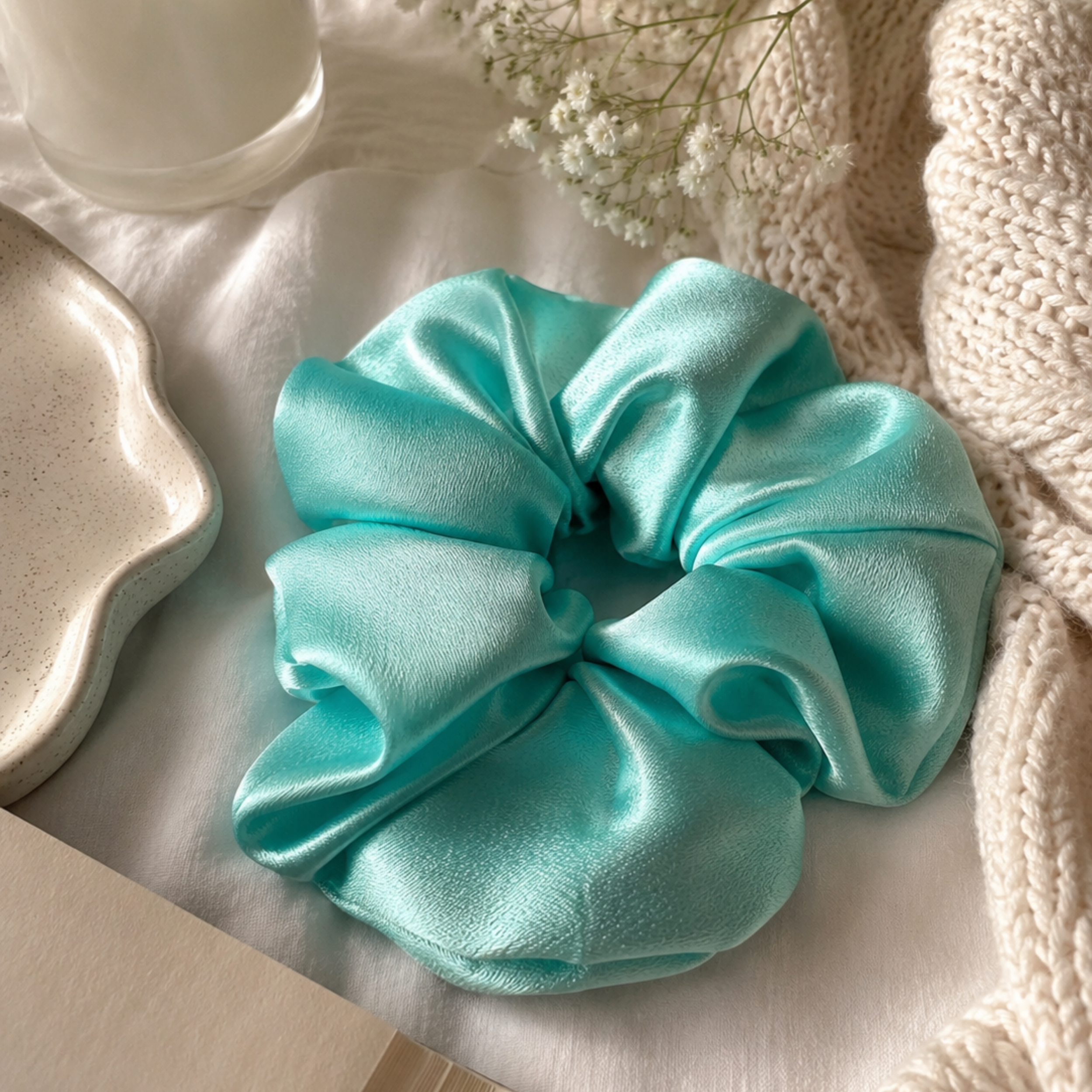 Frosted Blooms Scrunchie – Large Handmade Satin Scrunchie