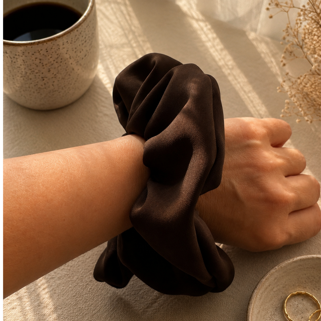 Truffle Twist Scrunchie – Handmade Chocolate Brown Satin Hair Scrunchie | Oversized Soft Scrunchie | Elegant Hair Tie | Gift for Her
