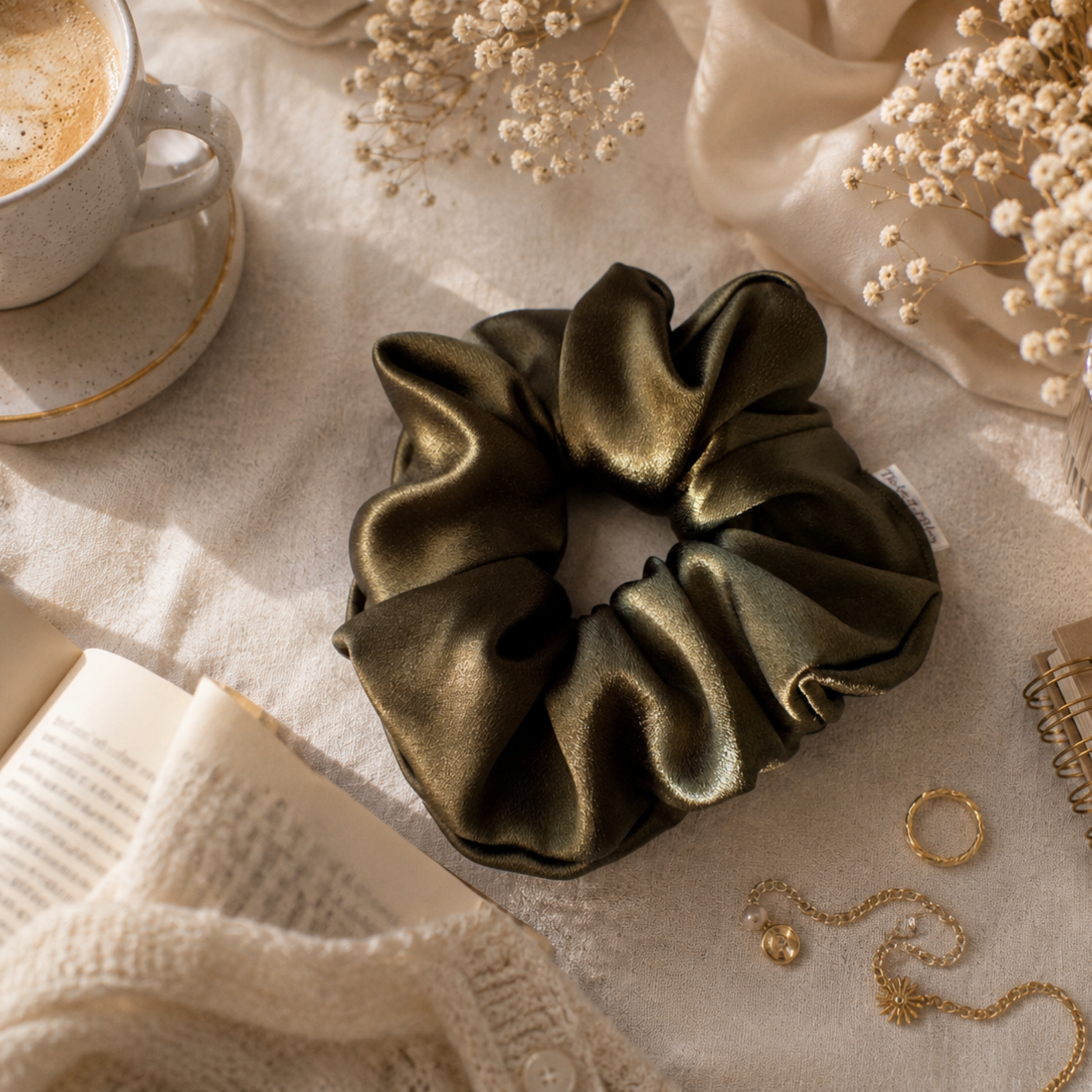 Olive Luxe Large Satin Scrunchie - Handmade
