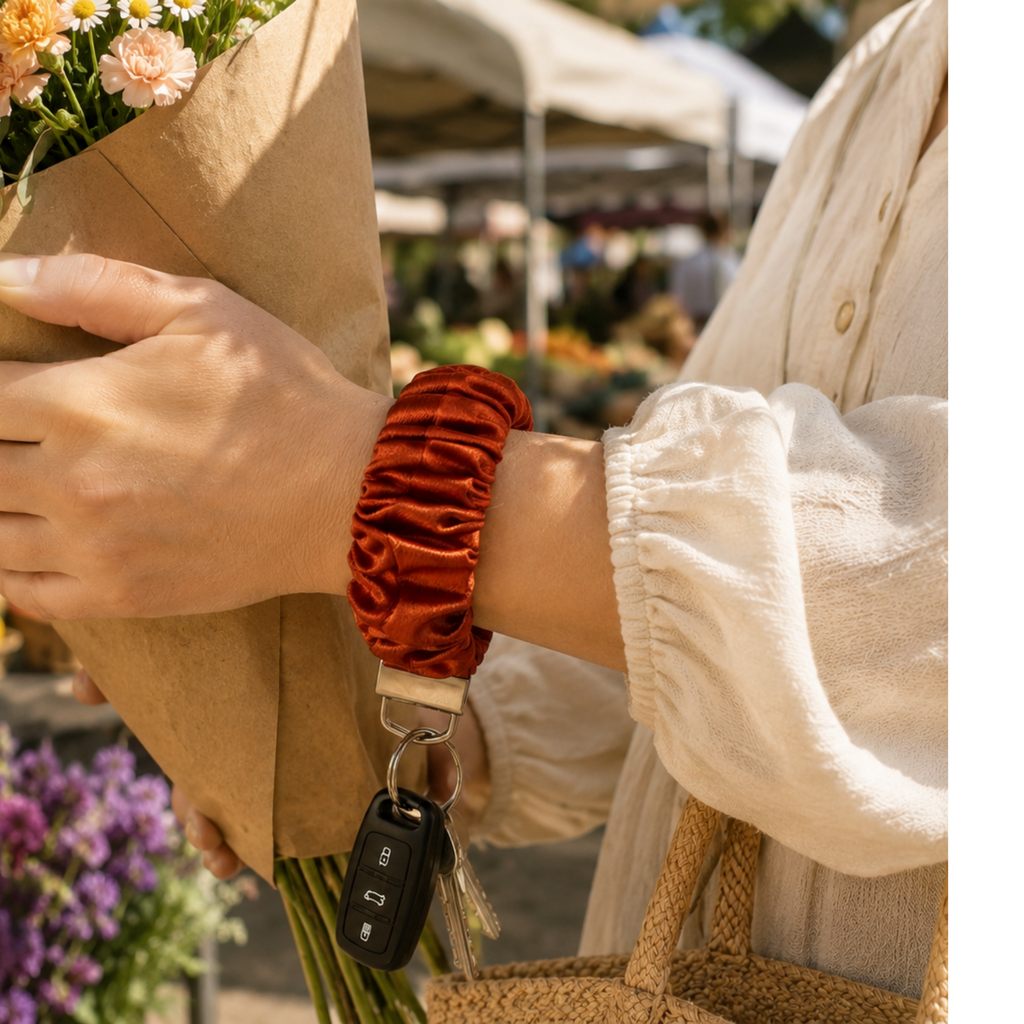 Autumn Ember Scrunchie Wristlet Keychain | Satin Keychain Bracelet | Handmade Key Fob Wristlet | Fall Gift for Her | Cute Car Key Holder