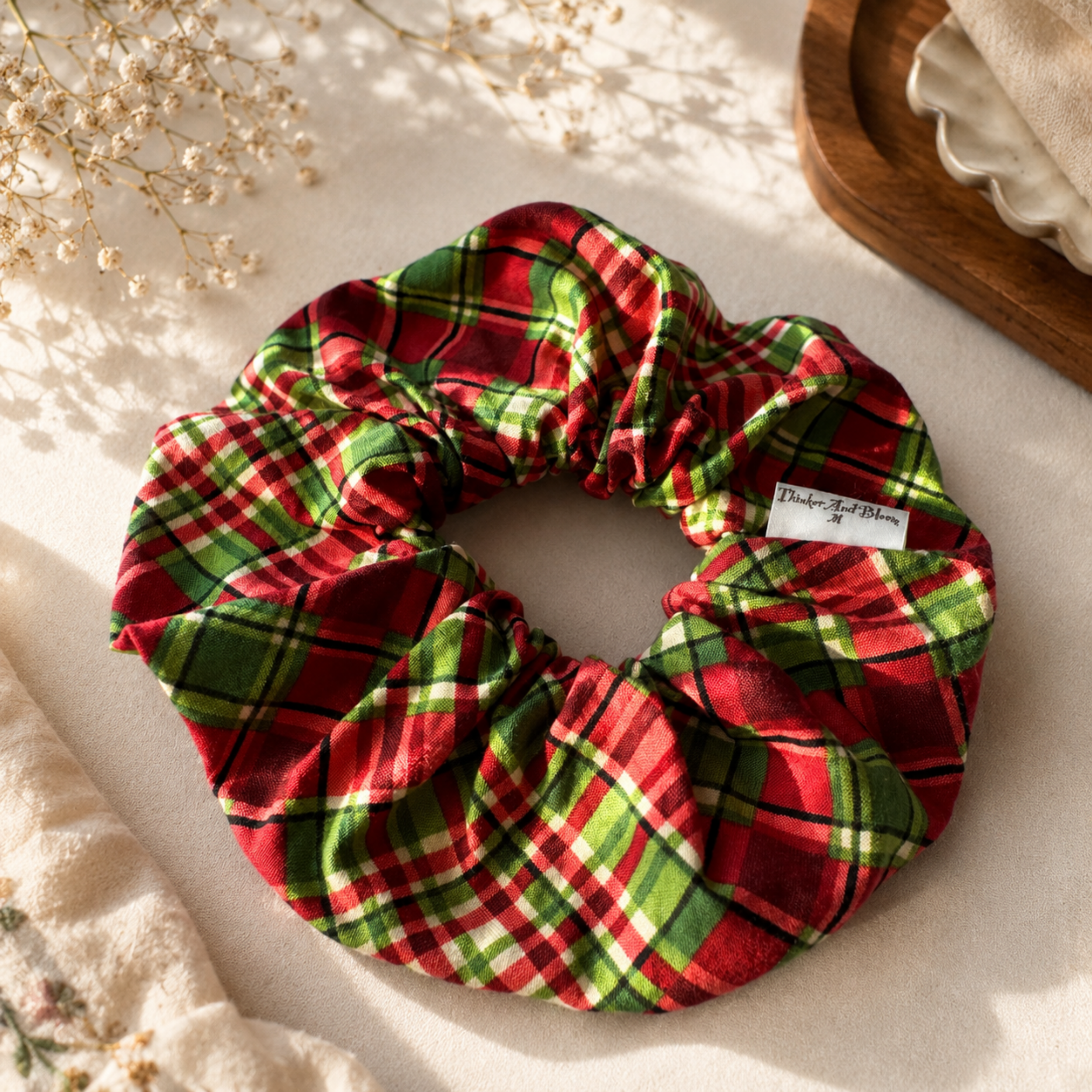 Christmas Tartan Scrunchie – Handmade Red & Green Plaid Hair Accessory