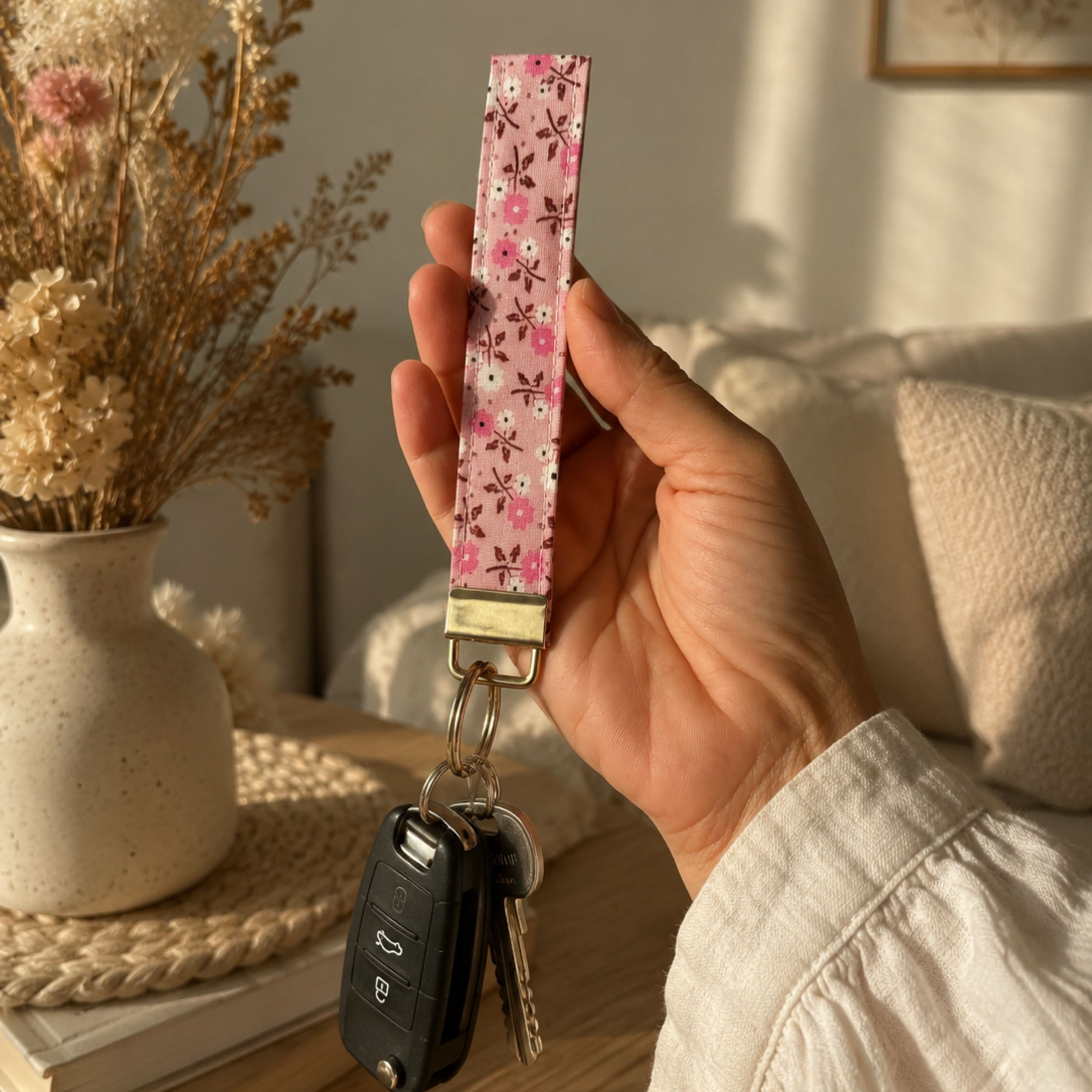 Cottage Posies Wristlet Keychain | Handmade Floral Key Fob | Fabric Wristlet Key Holder | Pink Keychain | Gift for Her | Cute Wrist Strap