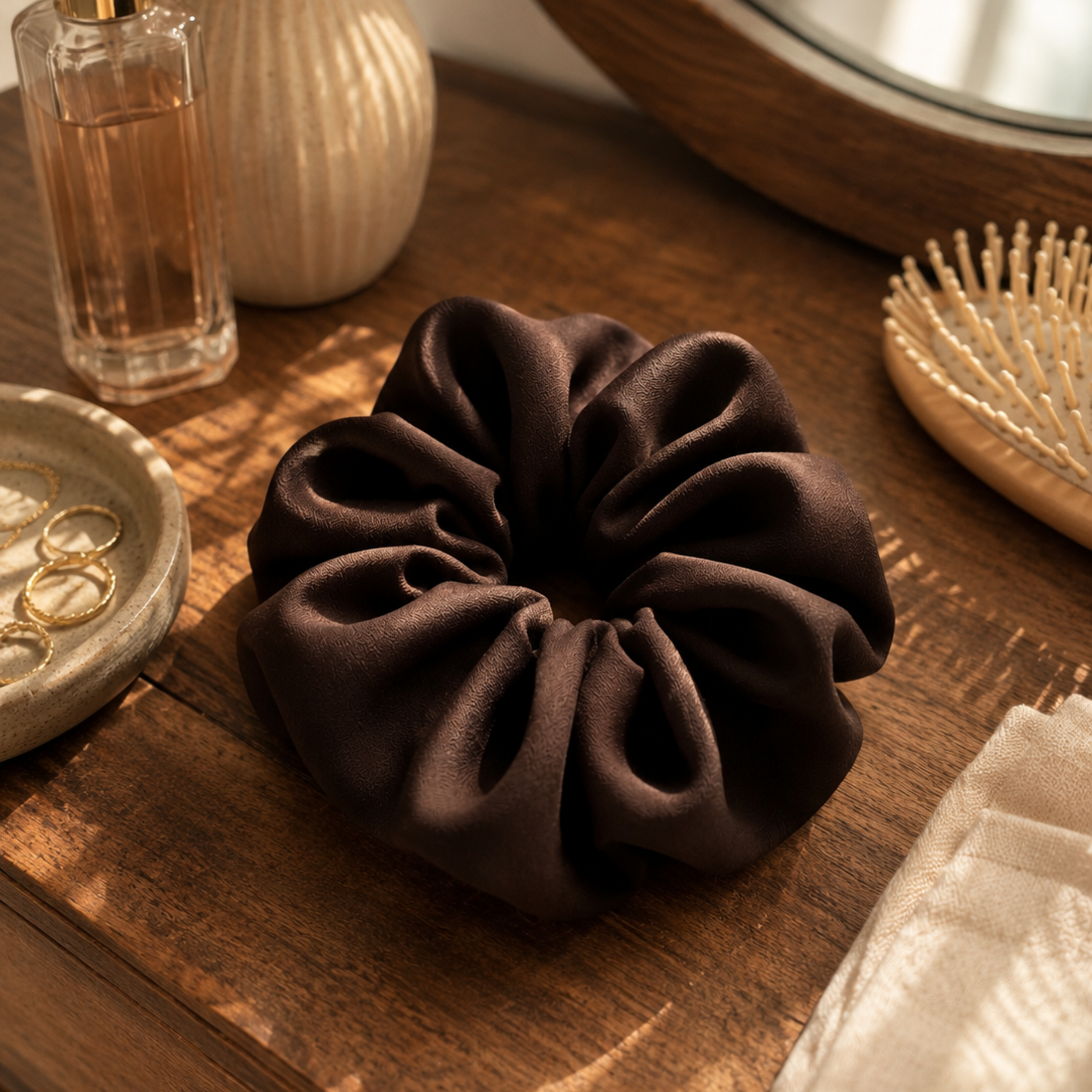 Truffle Twist Scrunchie – Handmade Chocolate Brown Satin Hair Scrunchie | Oversized Soft Scrunchie | Elegant Hair Tie | Gift for Her