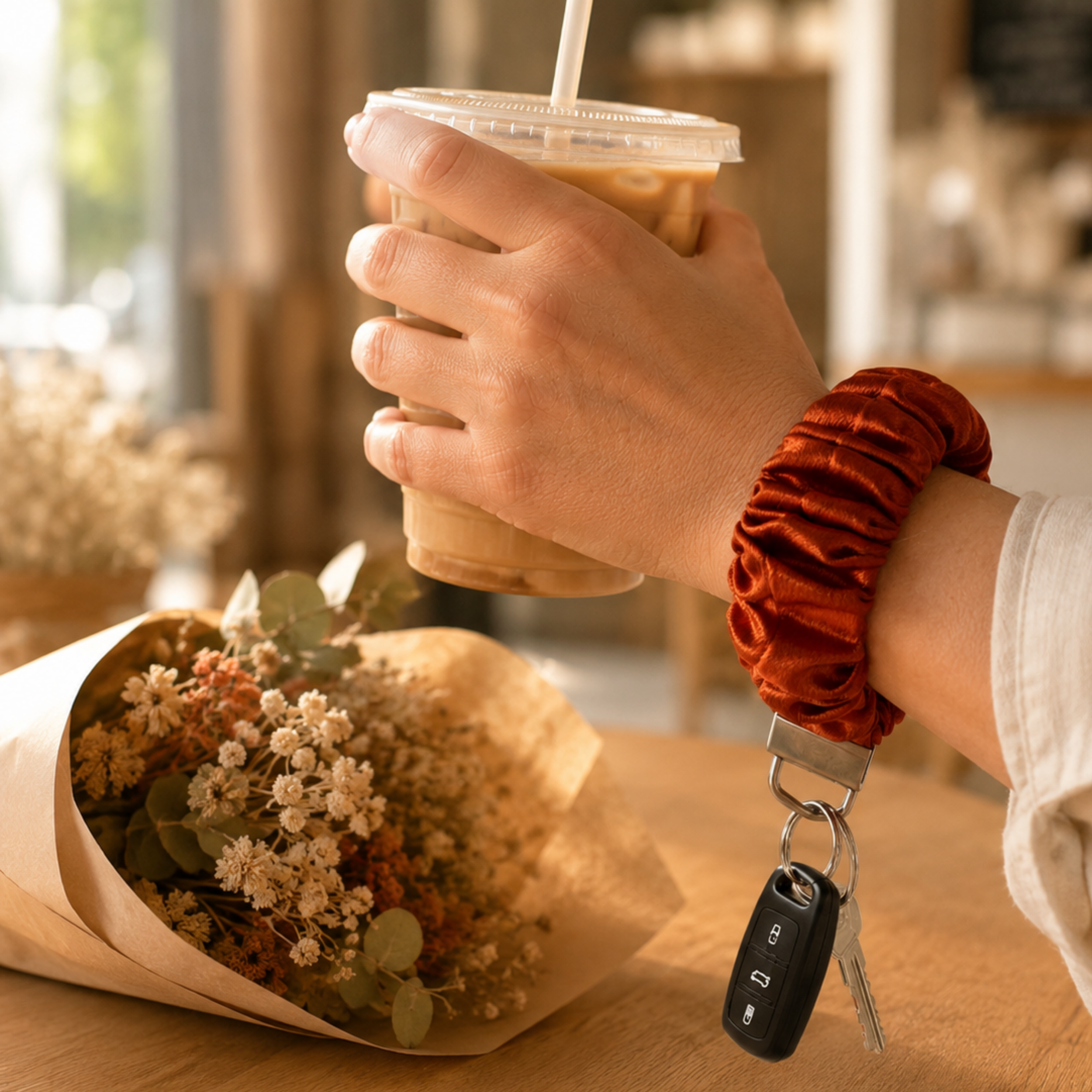 Autumn Ember Scrunchie Wristlet Keychain | Satin Keychain Bracelet | Handmade Key Fob Wristlet | Fall Gift for Her | Cute Car Key Holder