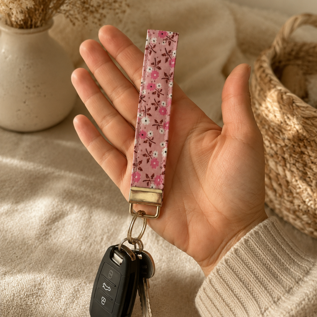 Cottage Posies Wristlet Keychain | Handmade Floral Key Fob | Fabric Wristlet Key Holder | Pink Keychain | Gift for Her | Cute Wrist Strap