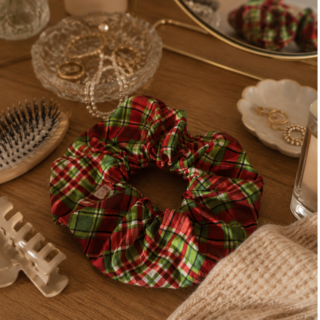 Christmas Tartan Scrunchie – Handmade Red & Green Plaid Hair Accessory