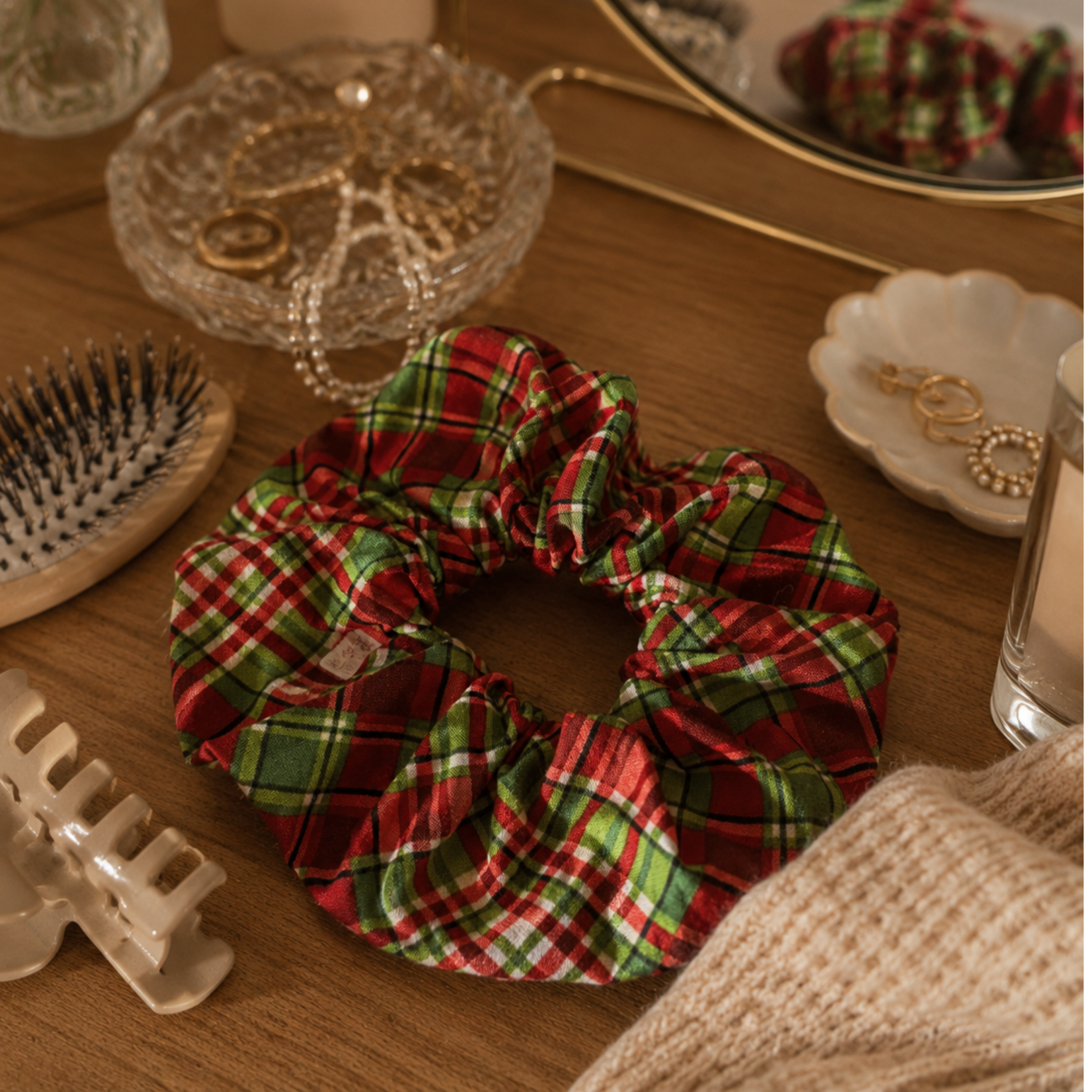 Christmas Tartan Scrunchie – Handmade Red & Green Plaid Hair Accessory