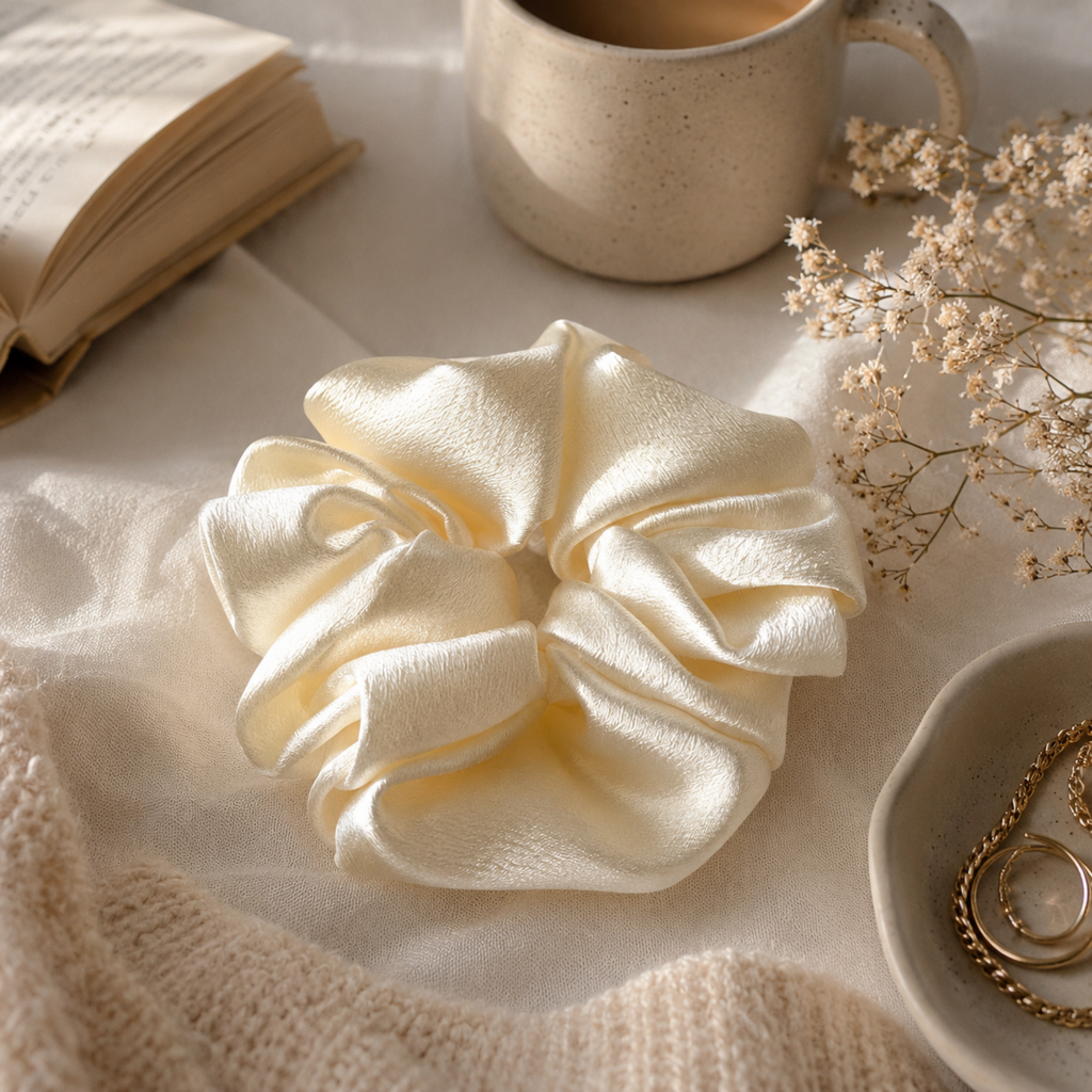 Buttercream Bloom Scrunchie – Handmade Satin Hair Scrunchie