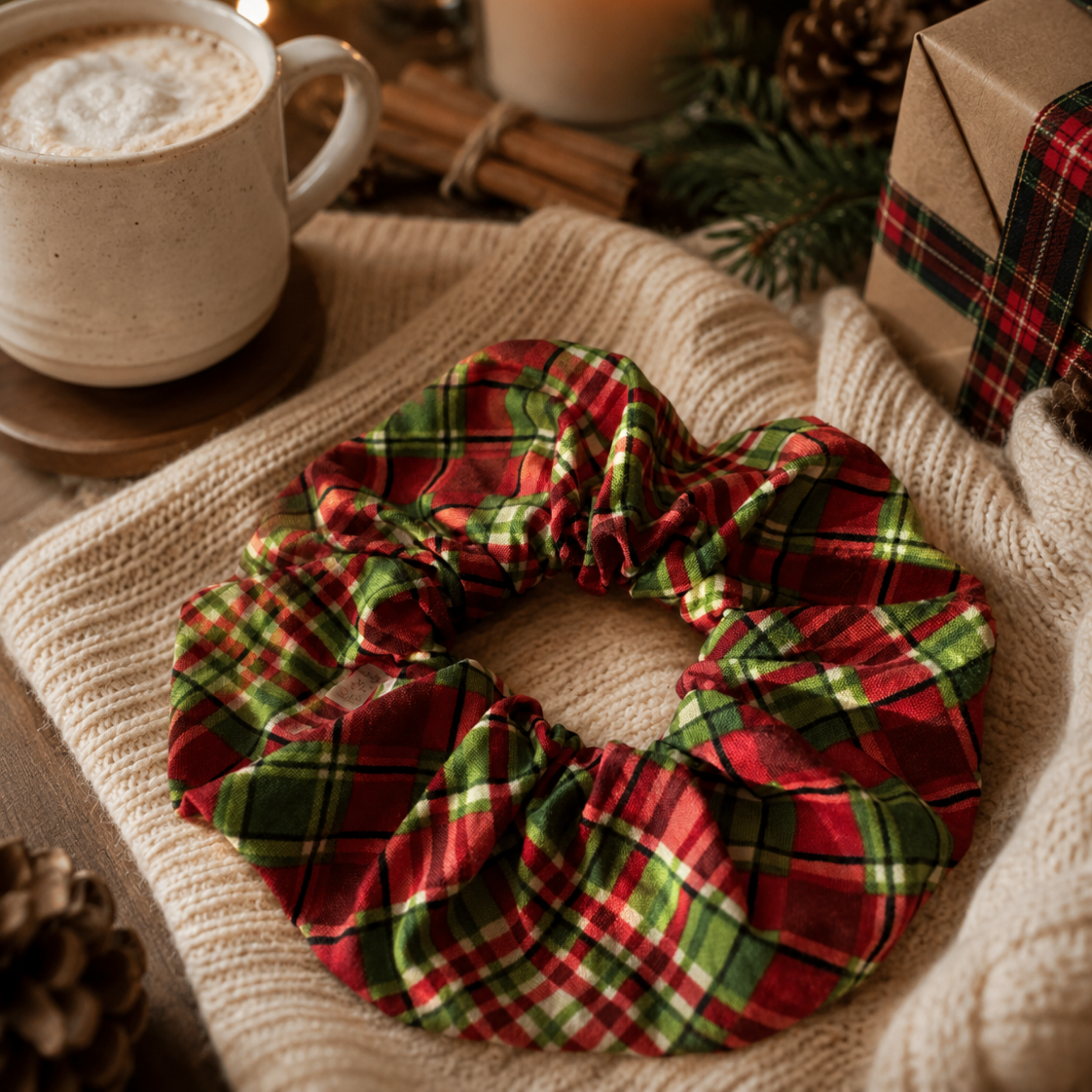 Christmas Tartan Scrunchie – Handmade Red & Green Plaid Hair Accessory