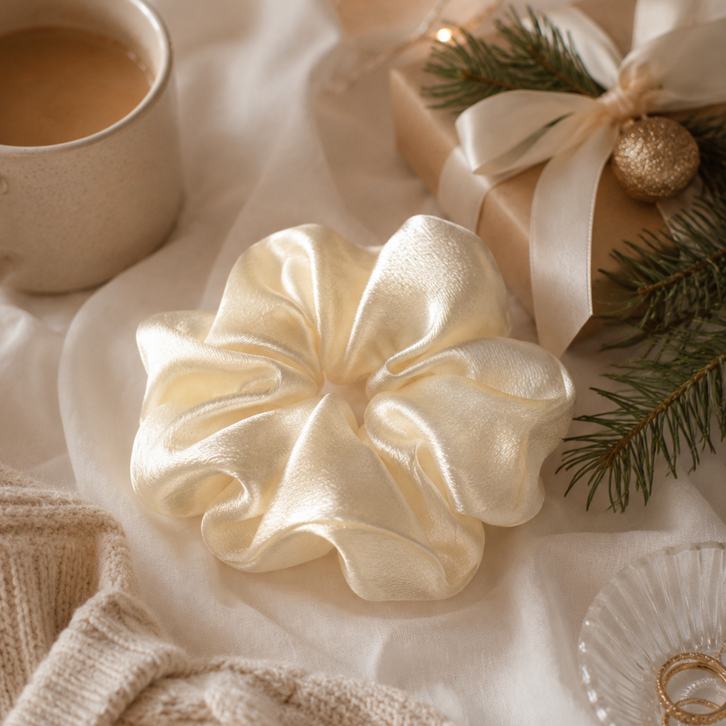 Buttercream Bloom Scrunchie – Handmade Satin Hair Scrunchie