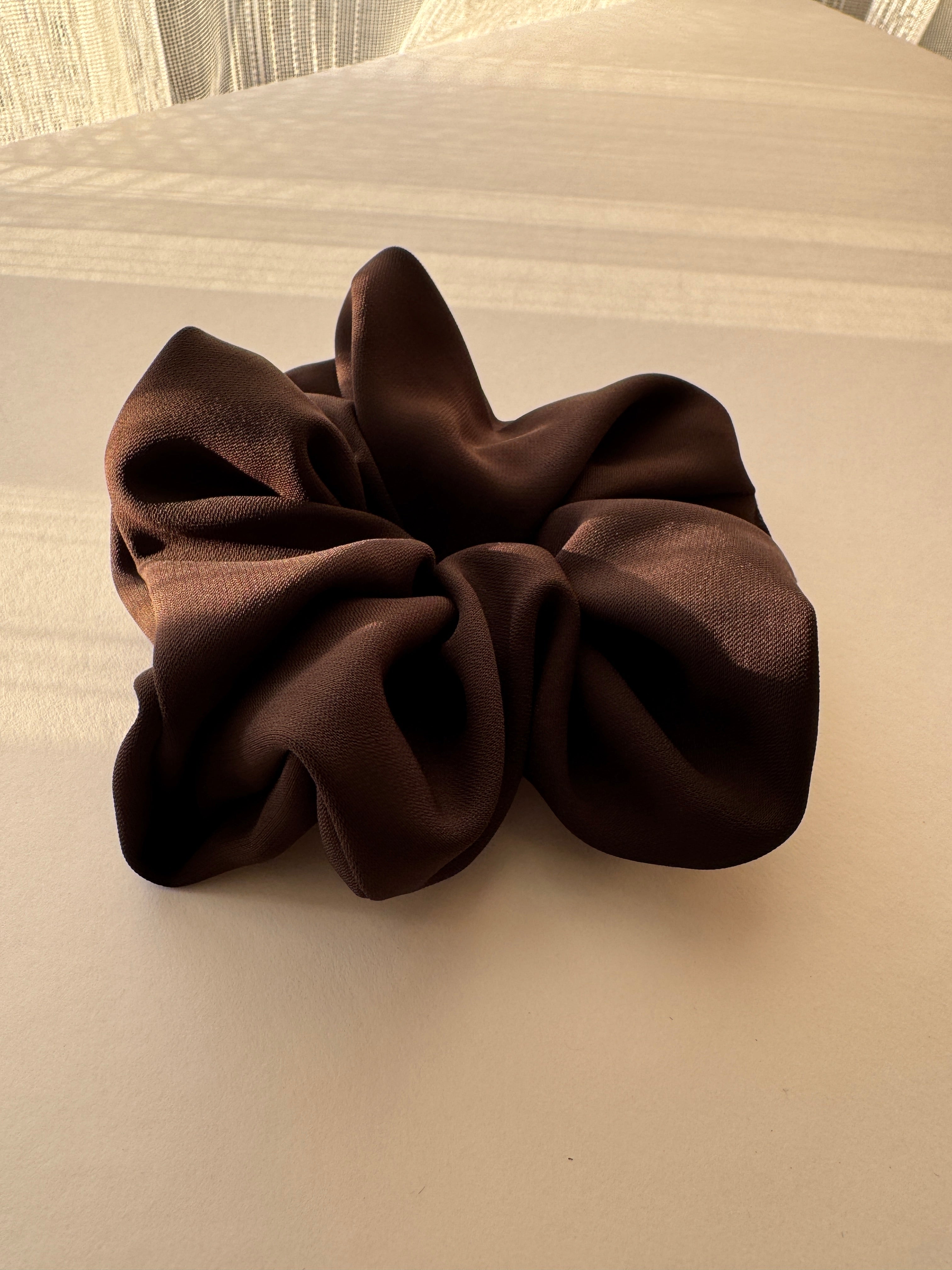 Truffle Twist Scrunchie – Handmade Chocolate Brown Satin Hair Scrunchie | Oversized Soft Scrunchie | Elegant Hair Tie | Gift for Her