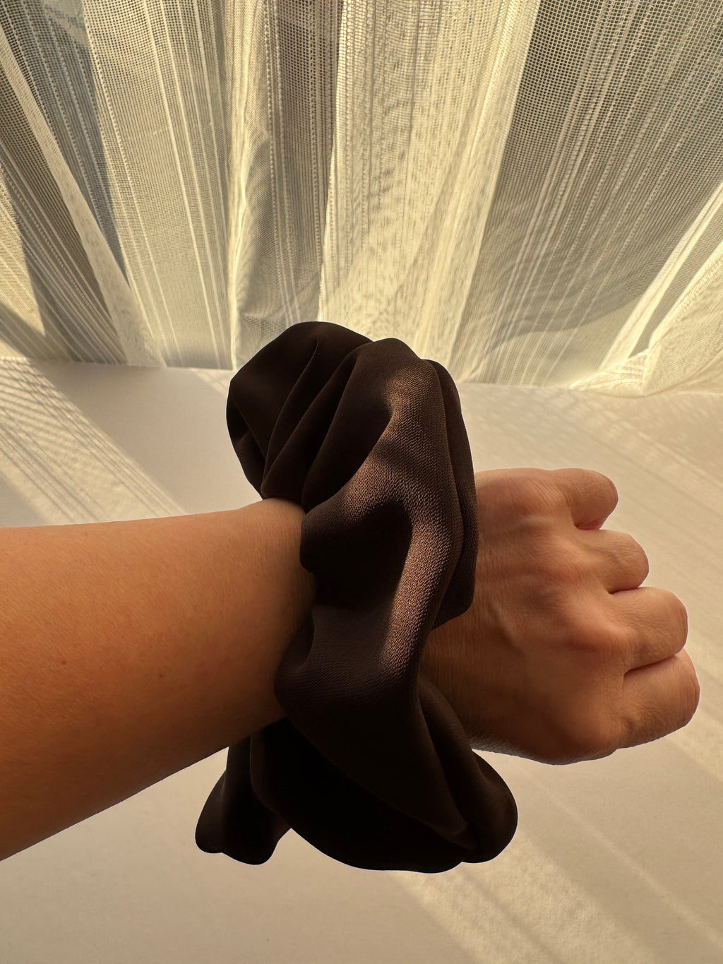 Truffle Twist Scrunchie – Handmade Chocolate Brown Satin Hair Scrunchie | Oversized Soft Scrunchie | Elegant Hair Tie | Gift for Her