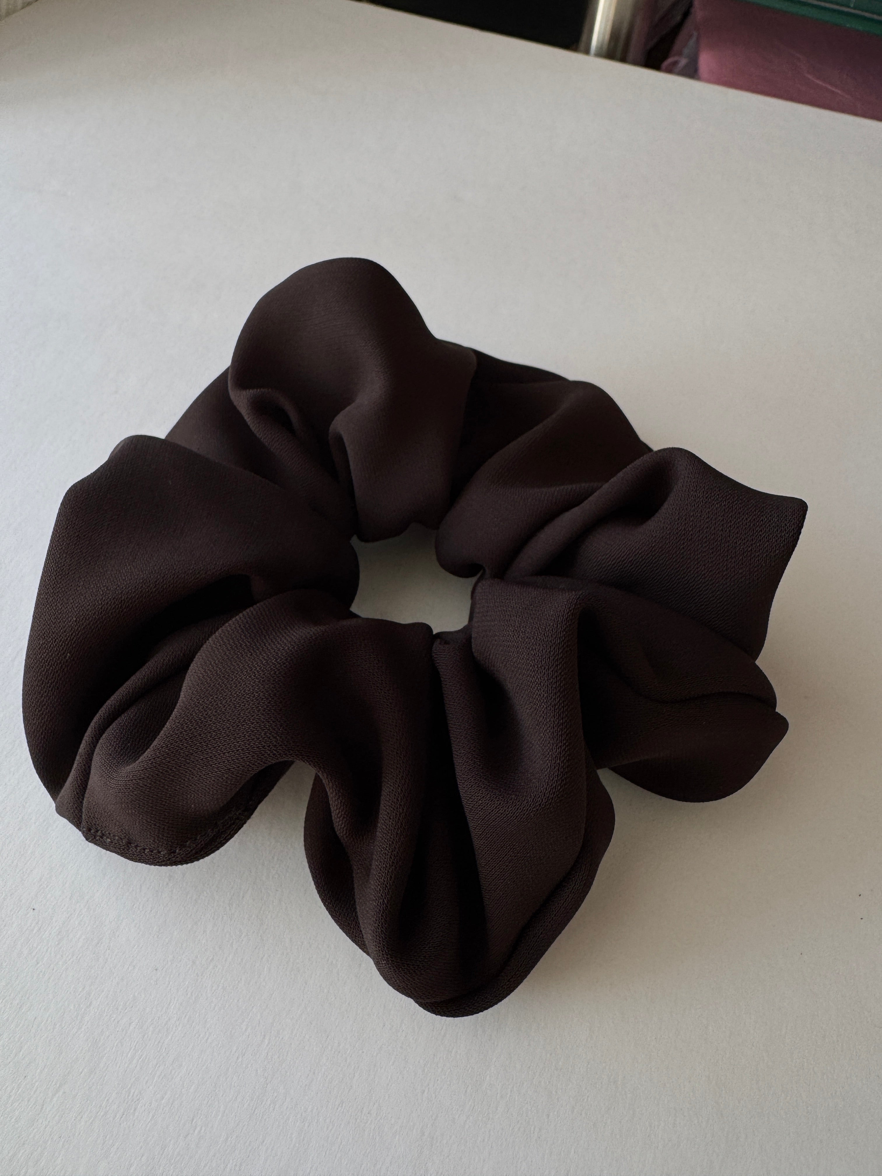 Truffle Twist Scrunchie – Handmade Chocolate Brown Satin Hair Scrunchie | Oversized Soft Scrunchie | Elegant Hair Tie | Gift for Her