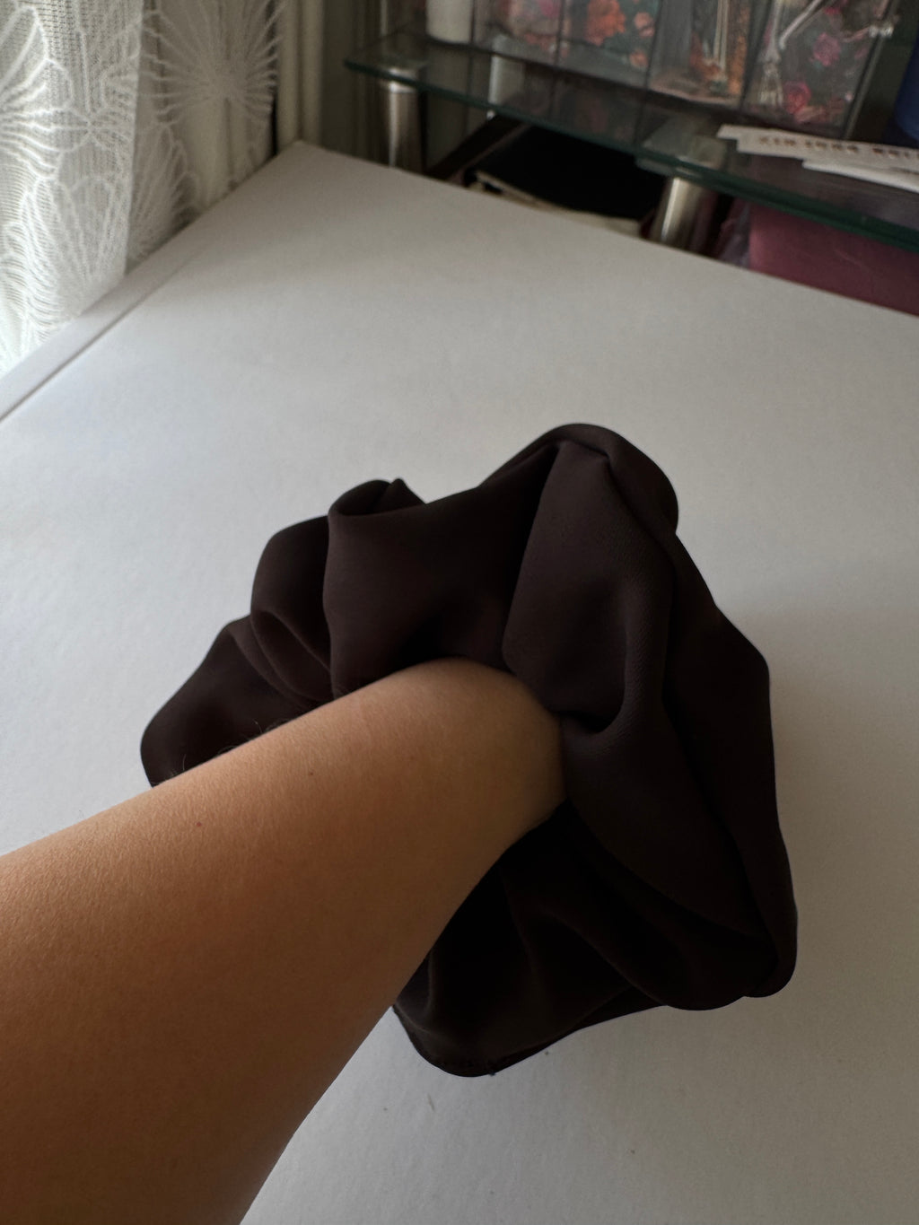 Truffle Twist Scrunchie – Handmade Chocolate Brown Satin Hair Scrunchie | Oversized Soft Scrunchie | Elegant Hair Tie | Gift for Her