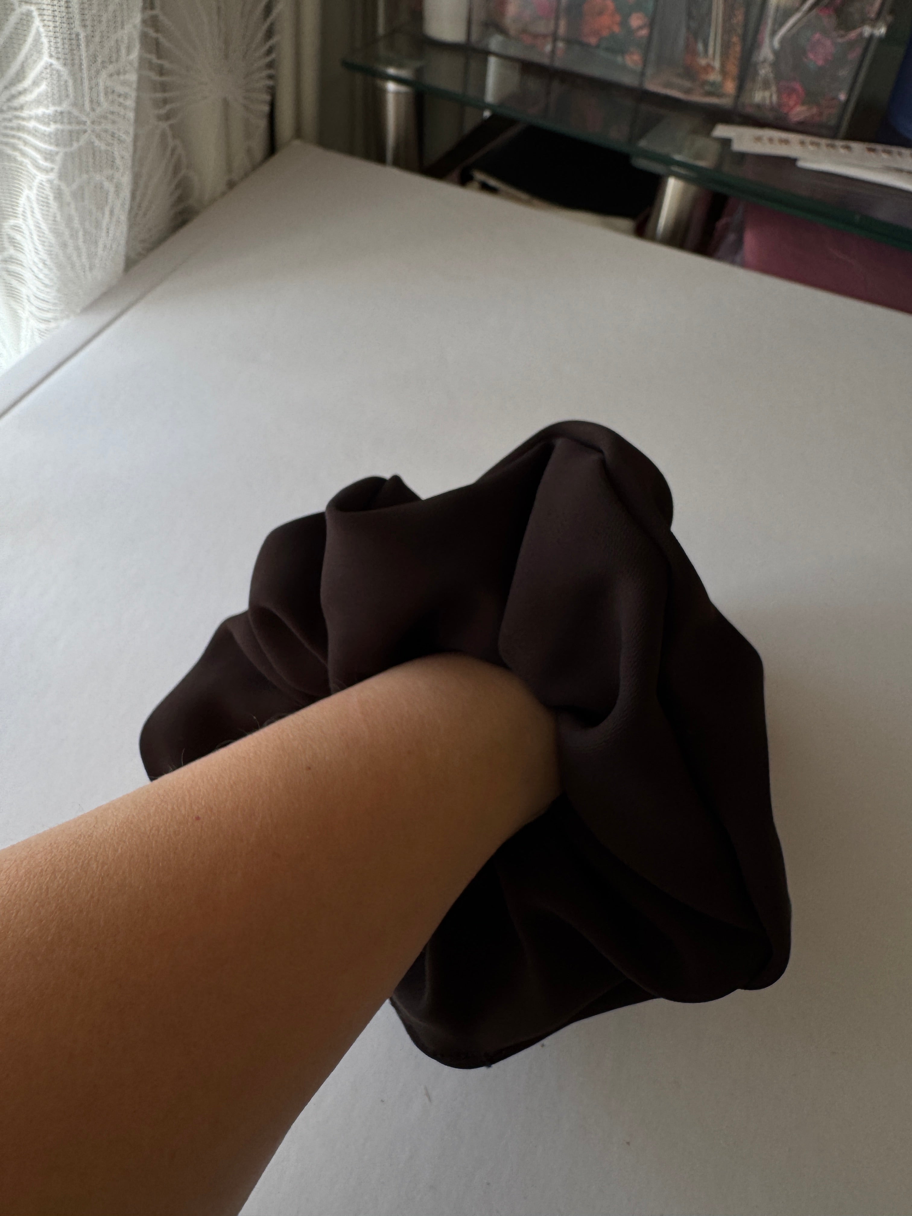 Truffle Twist Scrunchie – Handmade Chocolate Brown Satin Hair Scrunchie | Oversized Soft Scrunchie | Elegant Hair Tie | Gift for Her