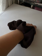 Truffle Twist Scrunchie – Handmade Chocolate Brown Satin Hair Scrunchie | Oversized Soft Scrunchie | Elegant Hair Tie | Gift for Her