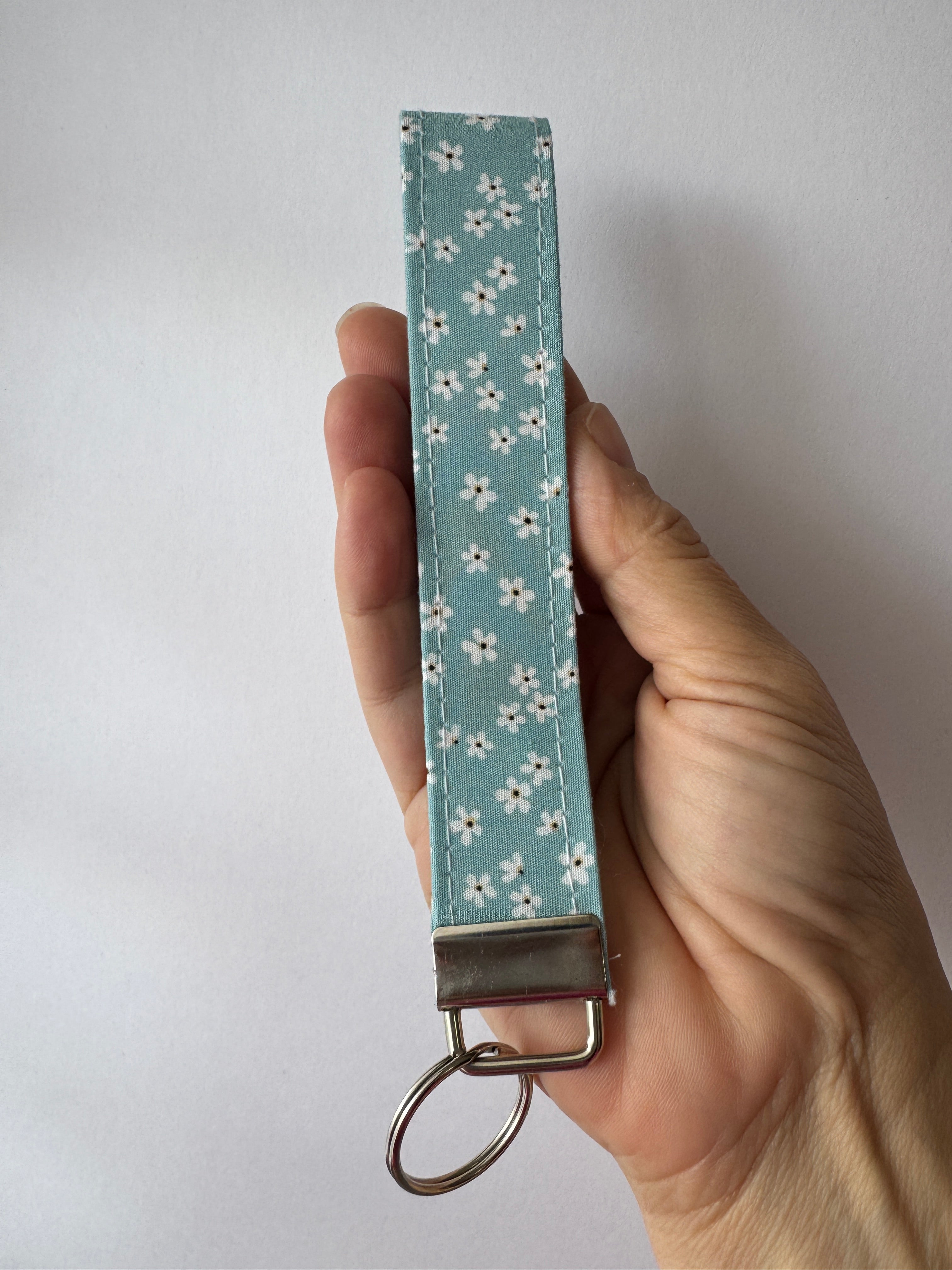 Daisy Daydream Wristlet Keychain | Handmade Floral Fabric Key Fob | Cute Wrist Lanyard | Blue Floral Keychain | Gift for Her