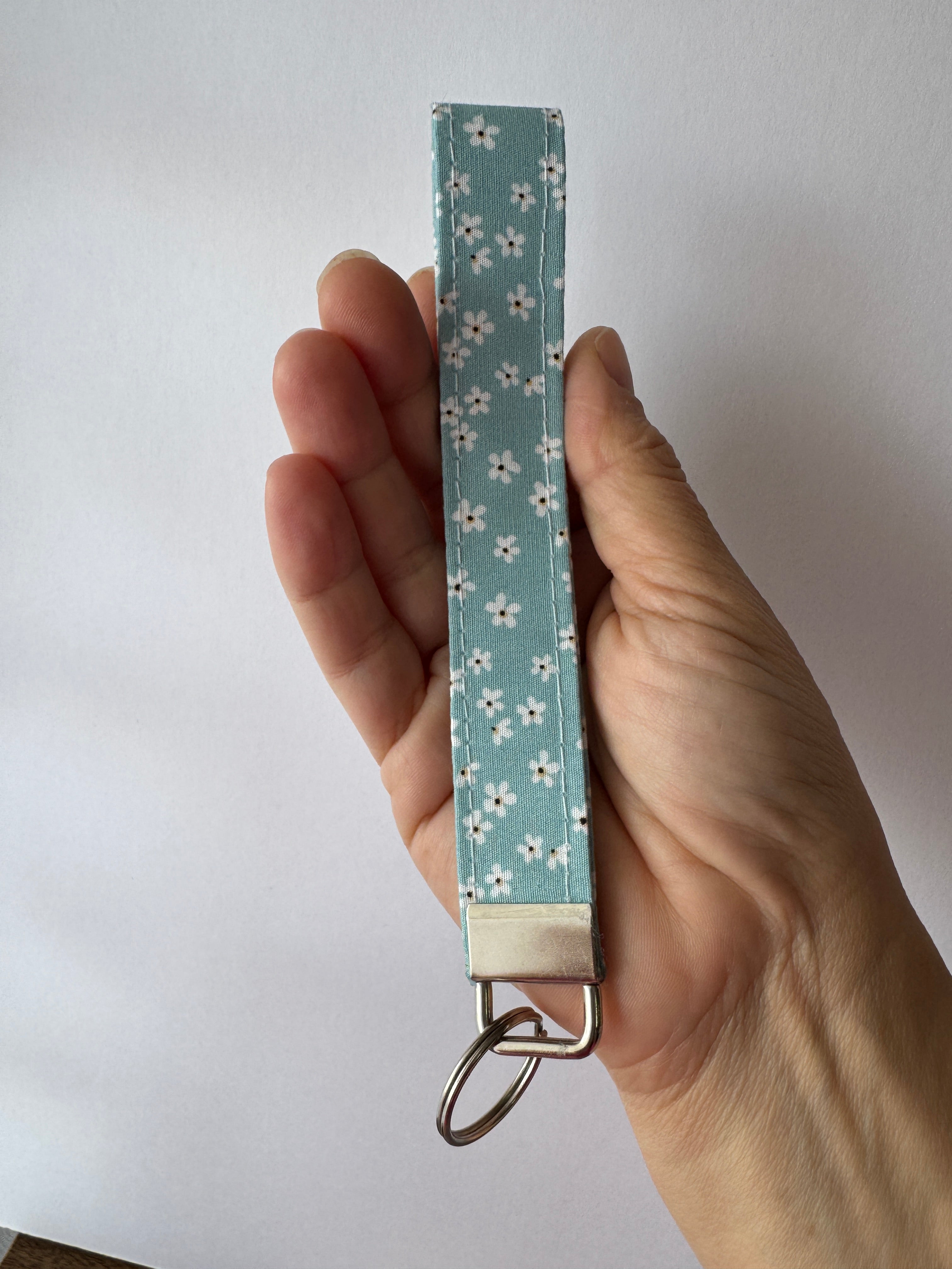 Daisy Daydream Wristlet Keychain | Handmade Floral Fabric Key Fob | Cute Wrist Lanyard | Blue Floral Keychain | Gift for Her